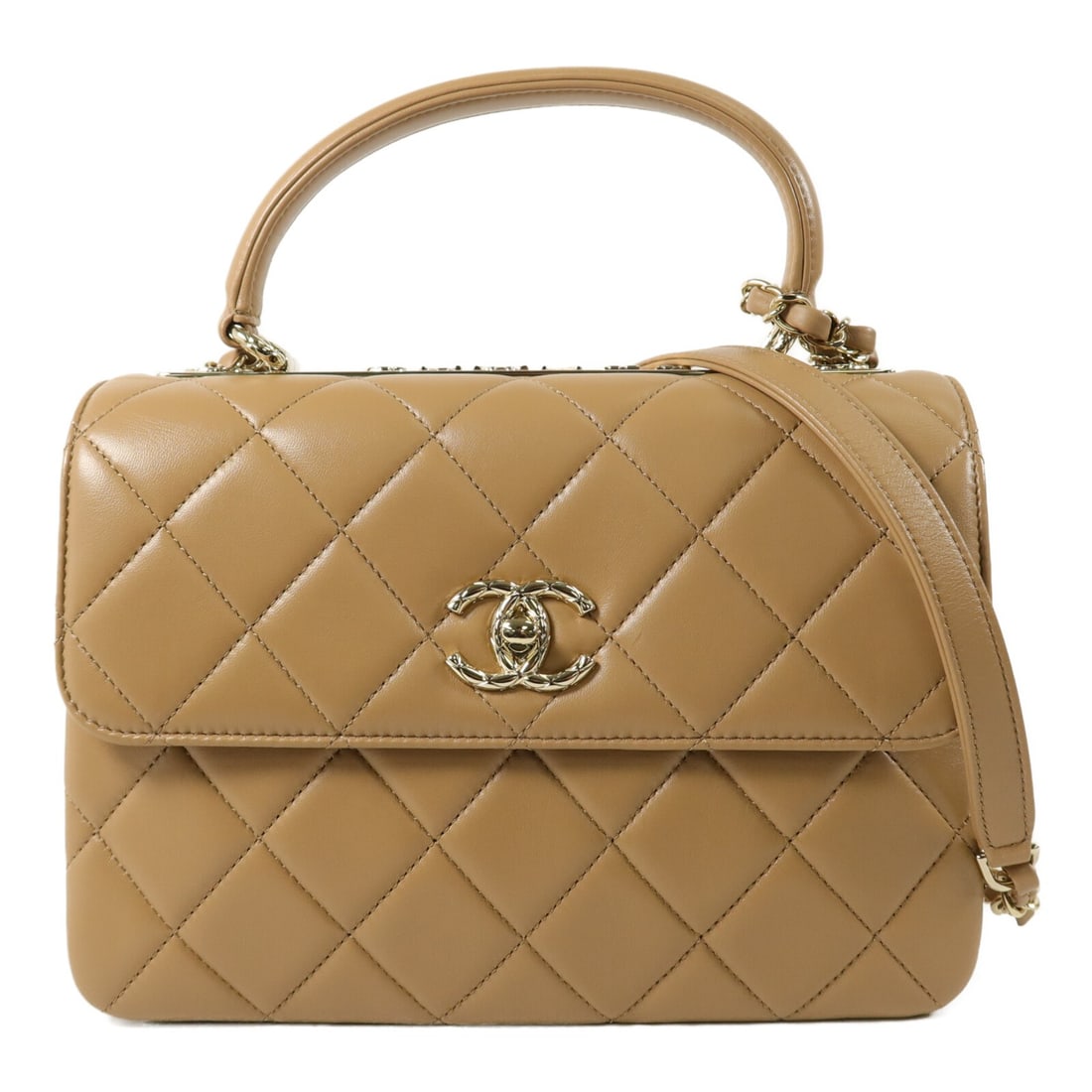 CHANEL A92236 Trendy CC 2way Shoulder Bag Brown Lambskin: CHANEL A92236 Trendy CC 2way Shoulder Bag Brown Lambskin CHANEL Trendy CC top handle shoulder bag in brown lambskin leather with a structured silhouette and 2-way carry design. This women's bag featur