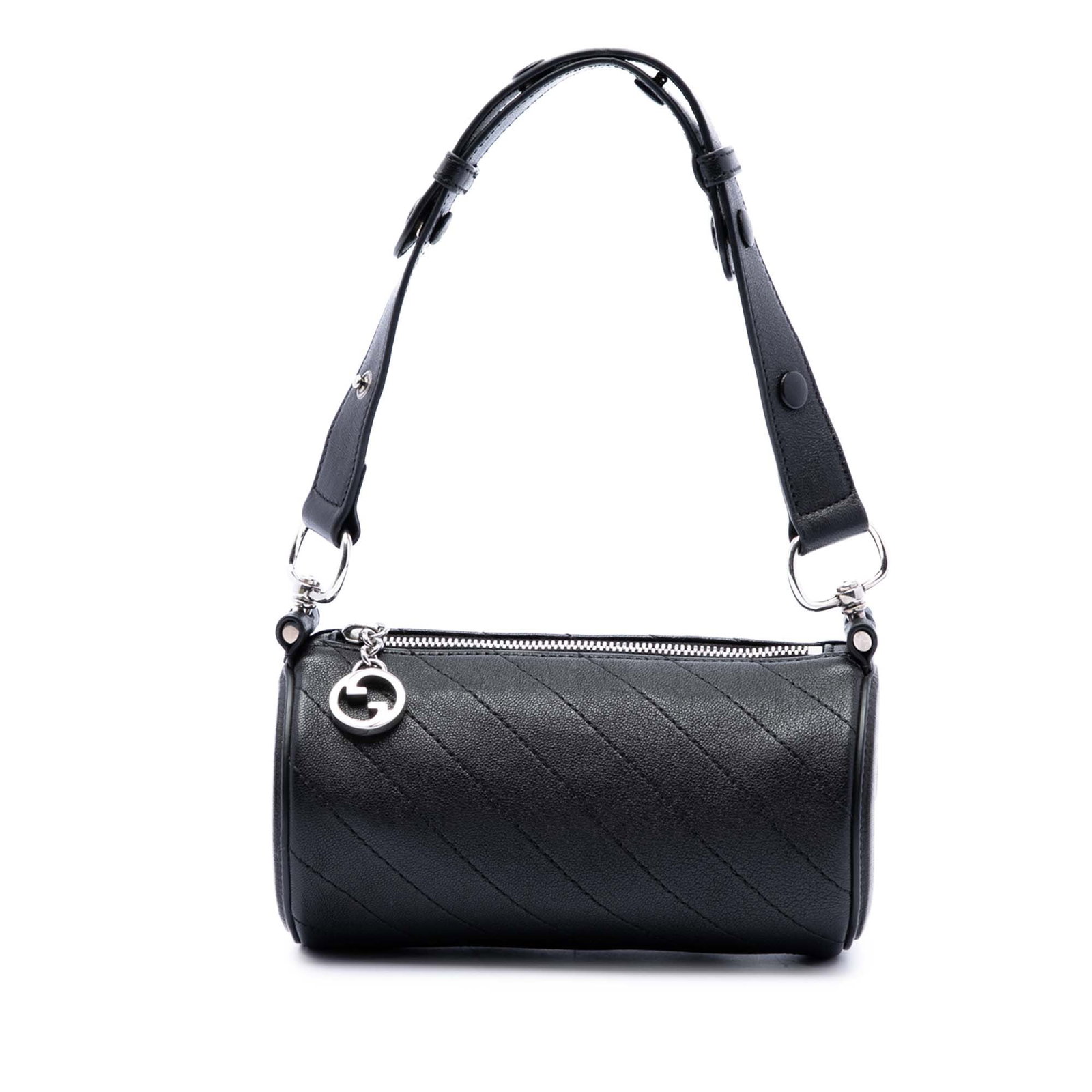 Gucci Blondie Mini Barrel Shoulder Bag Black Leather: Gucci Blondie Mini Barrel Shoulder Bag Black Leather A compact Gucci Blondie barrel shoulder bag crafted in black leather with a structured silhouette. It features a flat leather shoulder strap and a 