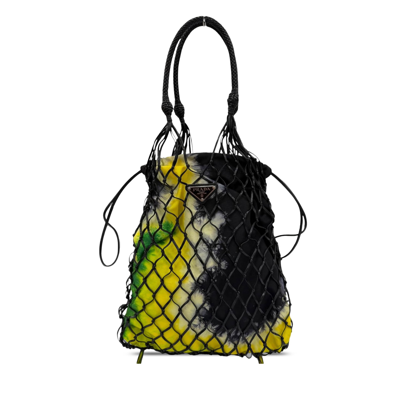 Prada Tessuto Bucket Bag in Mesh Leather Tie Dye Print: Prada Tessuto Bucket Bag in Mesh Leather Tie Dye Print A Prada bucket bag crafted with a mesh leather and tie dye printed tessuto design. It features braided leather handles and an open top with a tie