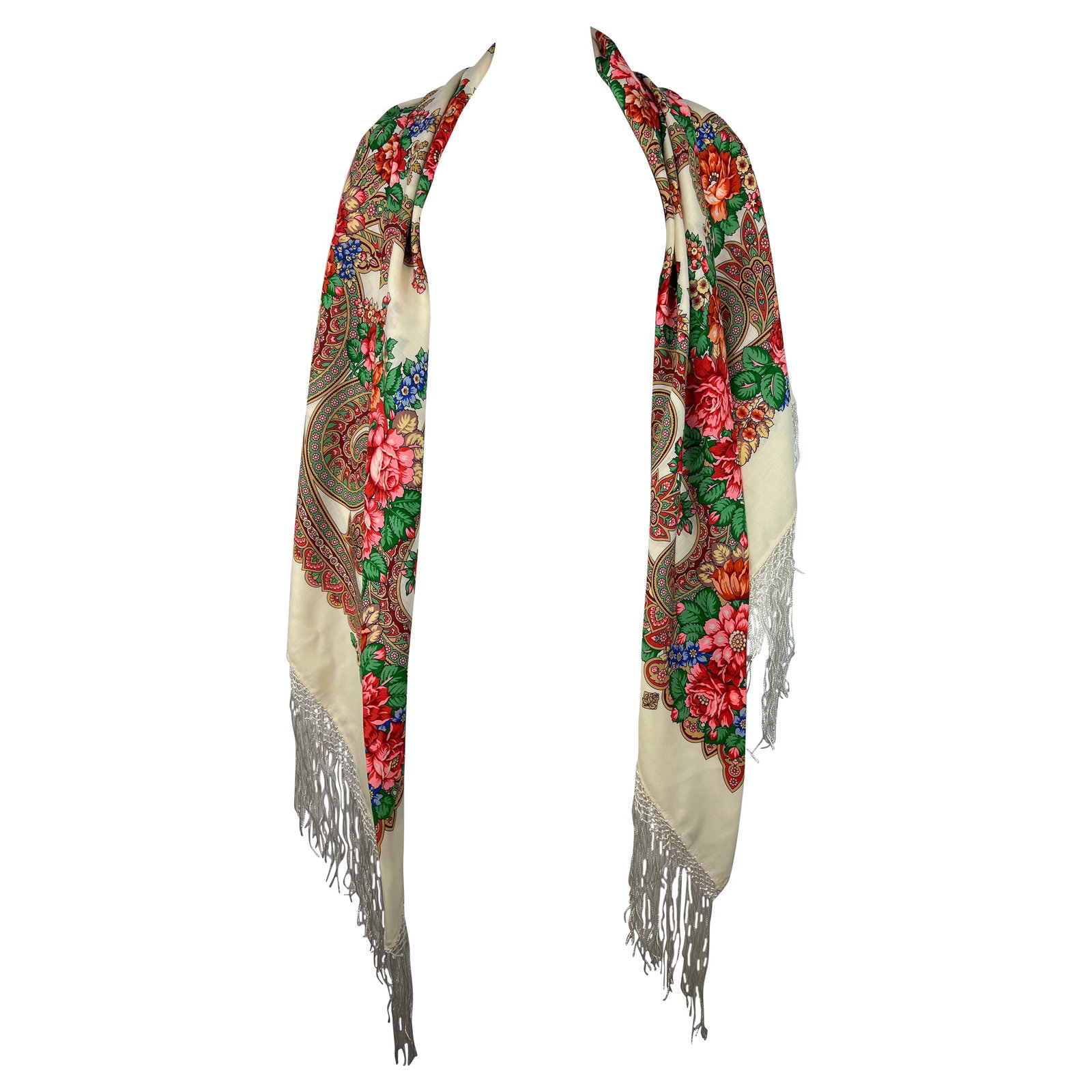 Russian wool scarf wrap white multicolor floral print 56 in: Russian wool scarf wrap white multicolor floral print 56 in Russian wool scarf or cover-up with a white ground and multicolored floral print. Finished with silk fringe and presented in excellent condi