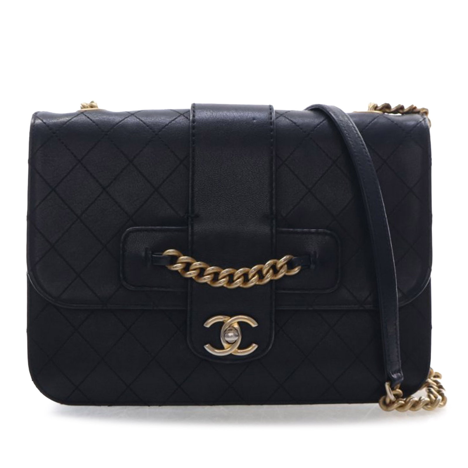 Chanel Large Front Chain Flap Crossbody in Black Quilted Sheepskin: Chanel Large Front Chain Flap Crossbody in Black Quilted Sheepskin Chanel Large Quilted Sheepskin Front Chain Flap crossbody bag in black sheepskin leather. This bag features a curb chain link strap w