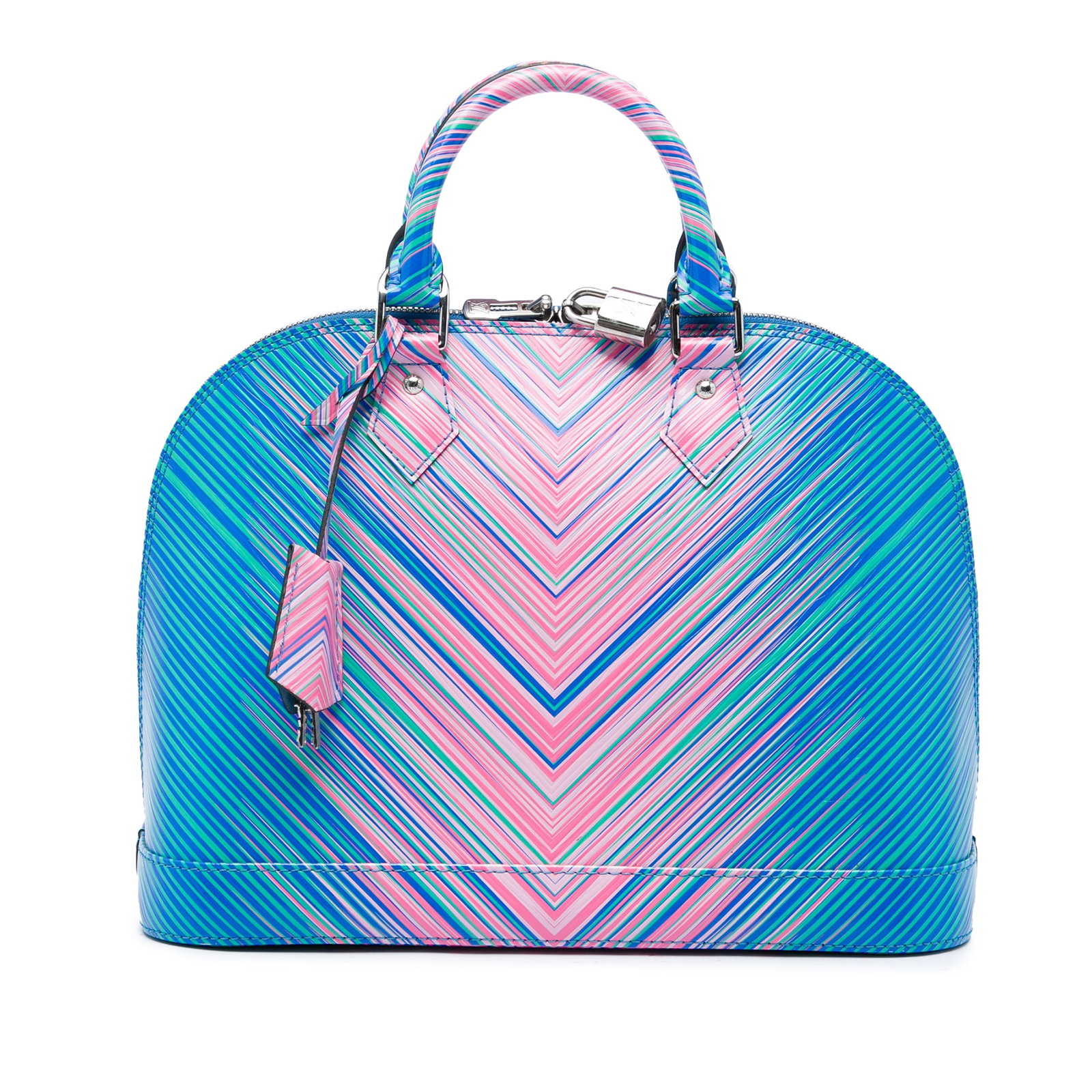 Louis Vuitton Alma PM Epi Tropical Blue Leather Handbag: Louis Vuitton Alma PM Epi Tropical Blue Leather Handbag A structured Louis Vuitton Alma PM handbag in blue Epi leather with rolled leather handles, a top zip closure, and an interior slip pocket. Made