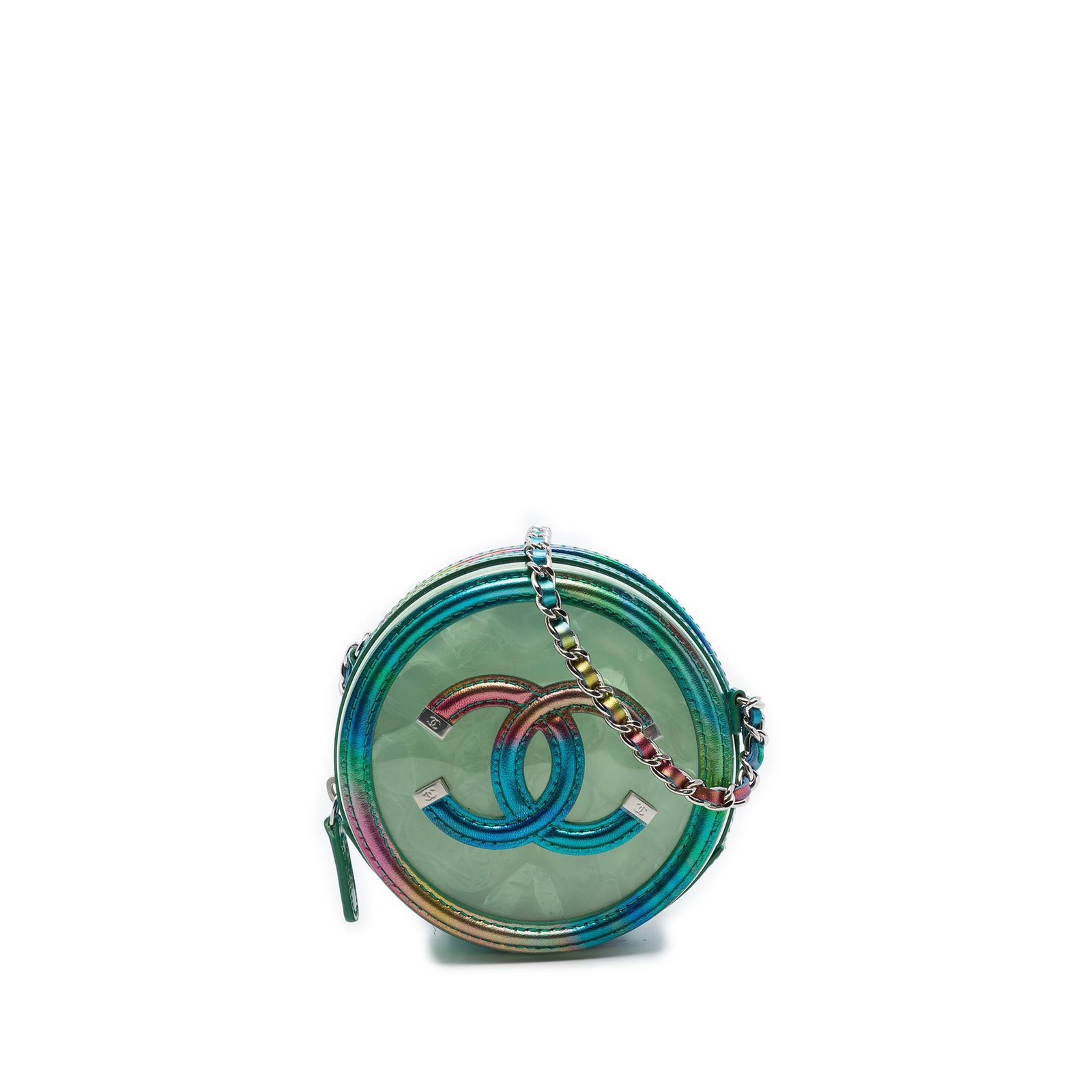 Chanel CC Filigree Round Chain Clutch in Green PVC Lambskin: Chanel CC Filigree Round Chain Clutch in Green PVC Lambskin Round Chanel CC Filigree clutch with chain crafted in PVC and metallic lambskin. This crossbody style features a leather-woven chain strap a