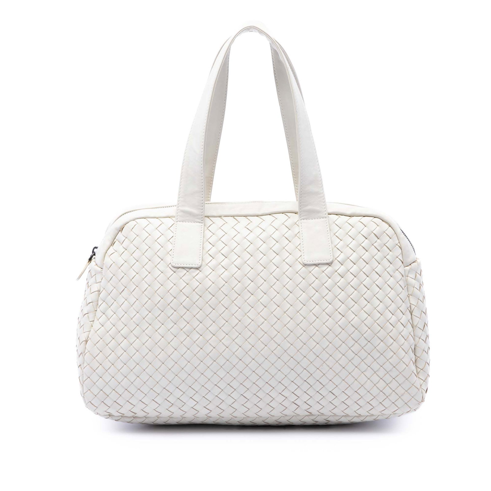 Bottega Veneta Intrecciato White Nappa Leather Zip Top Handbag: Bottega Veneta Intrecciato White Nappa Leather Zip Top Handbag Bottega Veneta Nappa Intrecciato handbag crafted in woven nappa leather with flat leather handles, a top zip closure, and an interior zip