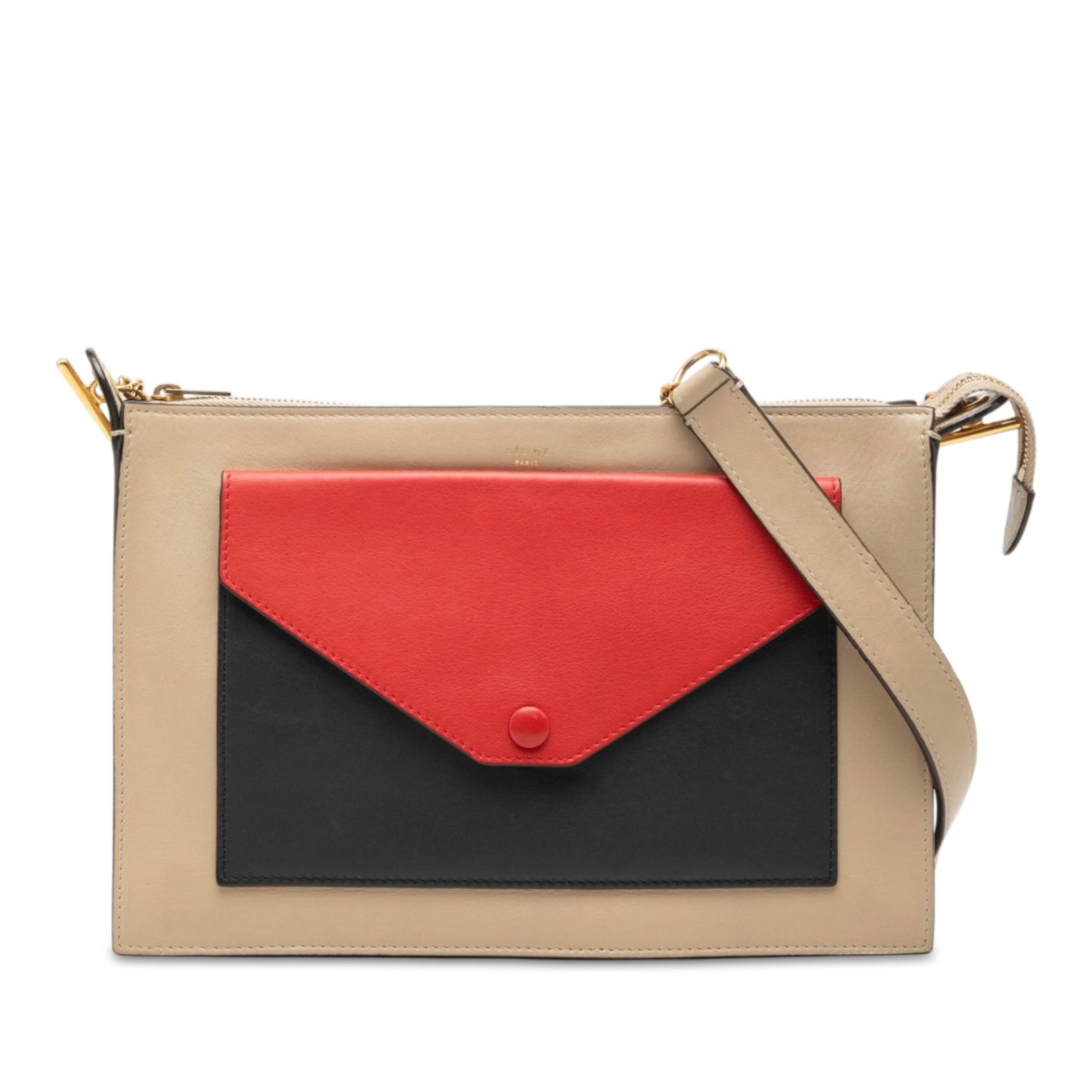 Celine Pocket Envelope Zip Crossbody Bag in Tricolor Leather: Celine Pocket Envelope Zip Crossbody Bag in Tricolor Leather A Celine tricolor leather crossbody bag with a structured envelope-style silhouette and practical front flap pocket. The design includes a 