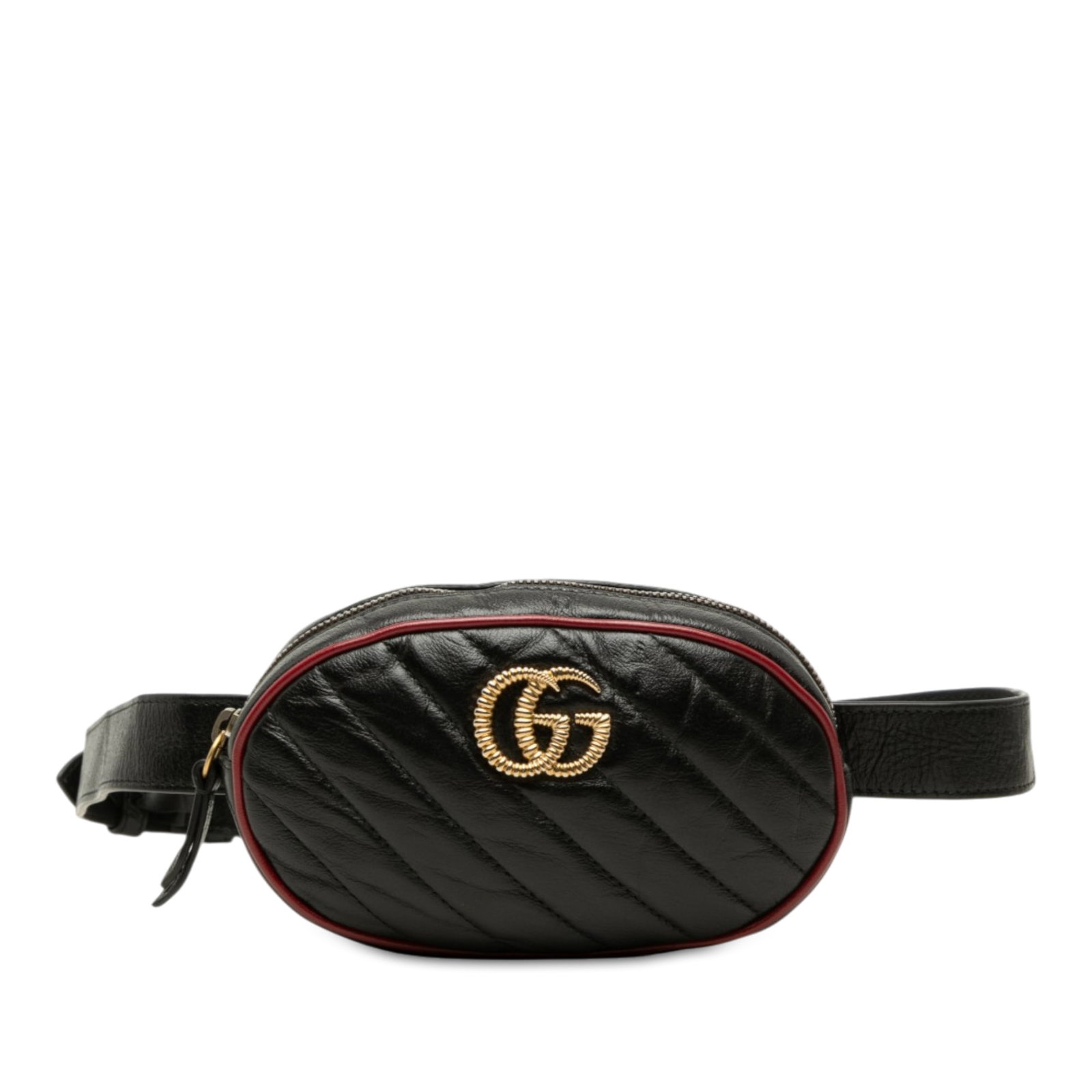Gucci GG Marmont Torchon belt bag in black matelasse calfskin: Gucci GG Marmont Torchon belt bag in black matelasse calfskin A Gucci GG Marmont Matelasse Calfskin Torchon belt bag in black leather with a quilted body, adjustable flat leather waist strap, top zip 