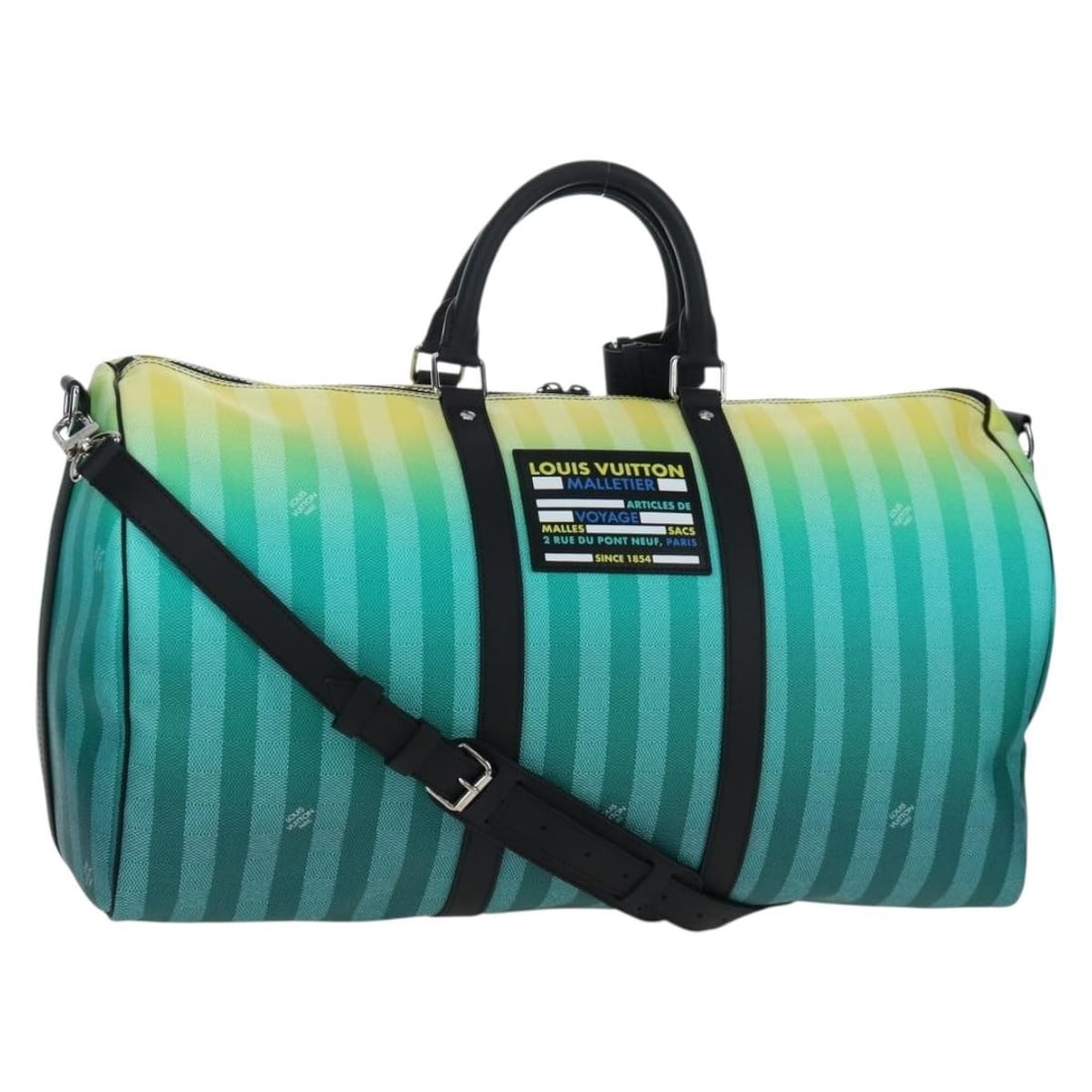 Louis Vuitton Keepall Bandouliere 50 Boston Bag Damier Green M59912: Louis Vuitton Keepall Bandouliere 50 Boston Bag Damier Green M59912 Louis Vuitton Keepall Bandouliere 50 in green Damier color canvas with stripe gradation design. This Boston bag is made in France an