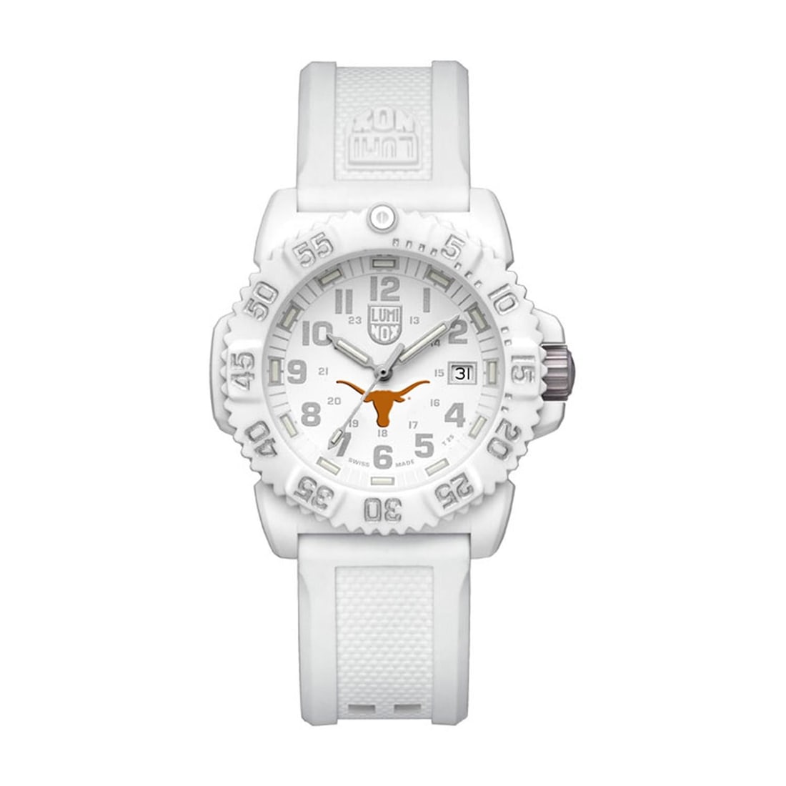 Luminox Navy SEAL Colormark womens 38 mm quartz watch white dial: Luminox Navy SEAL Colormark womens 38 mm quartz watch white dial Luminox Navy SEAL Colormark ladies wristwatch with a white analog dial and matching white two-piece rubber strap. This Swiss made quart