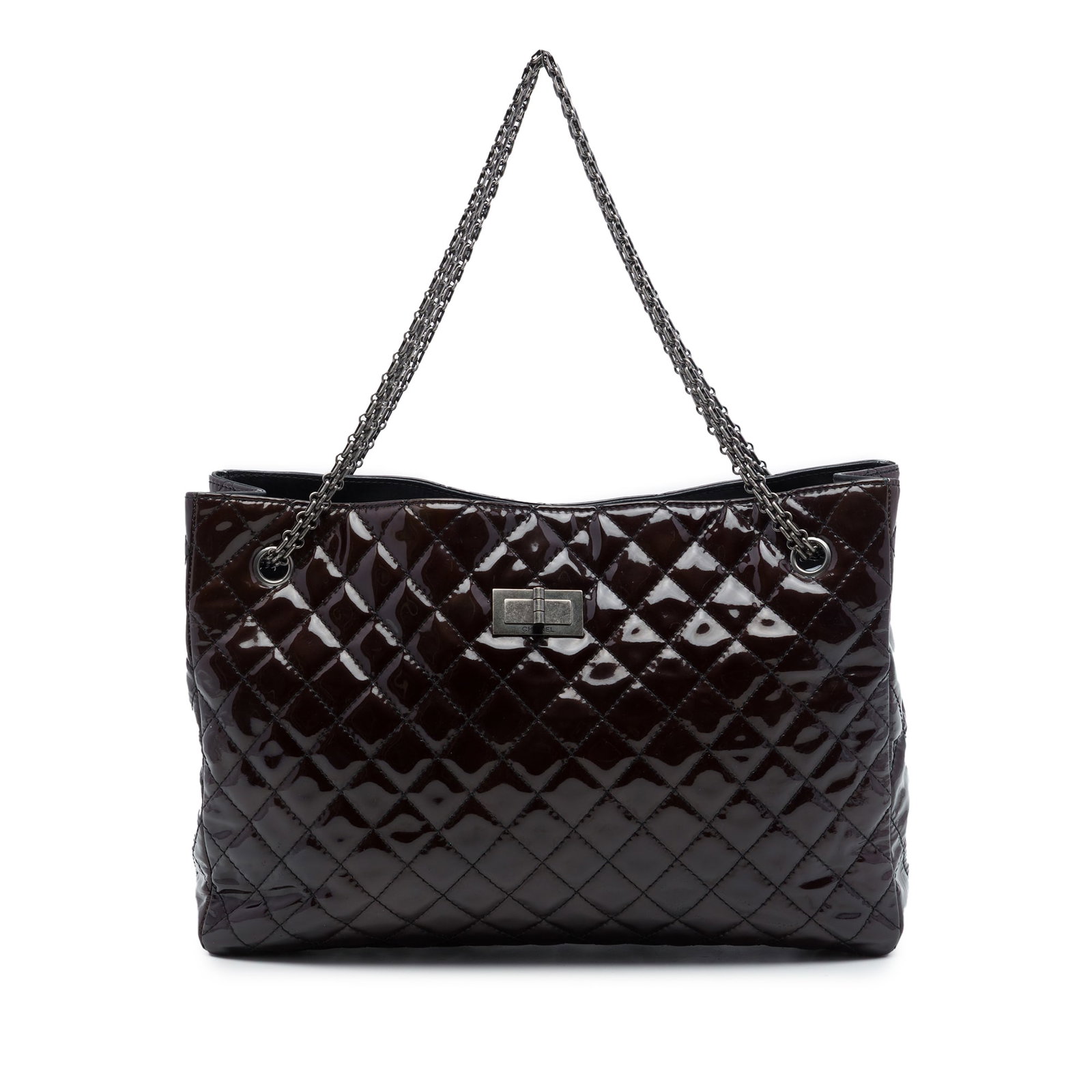 Chanel Reissue 2.55 Quilted Patent Leather Tote Bag: Chanel Reissue 2.55 Quilted Patent Leather Tote Bag A Chanel Quilted Patent Reissue 2.55 tote in brown patent leather with chain-link handles and an open top with magnetic snap closure. The interior i