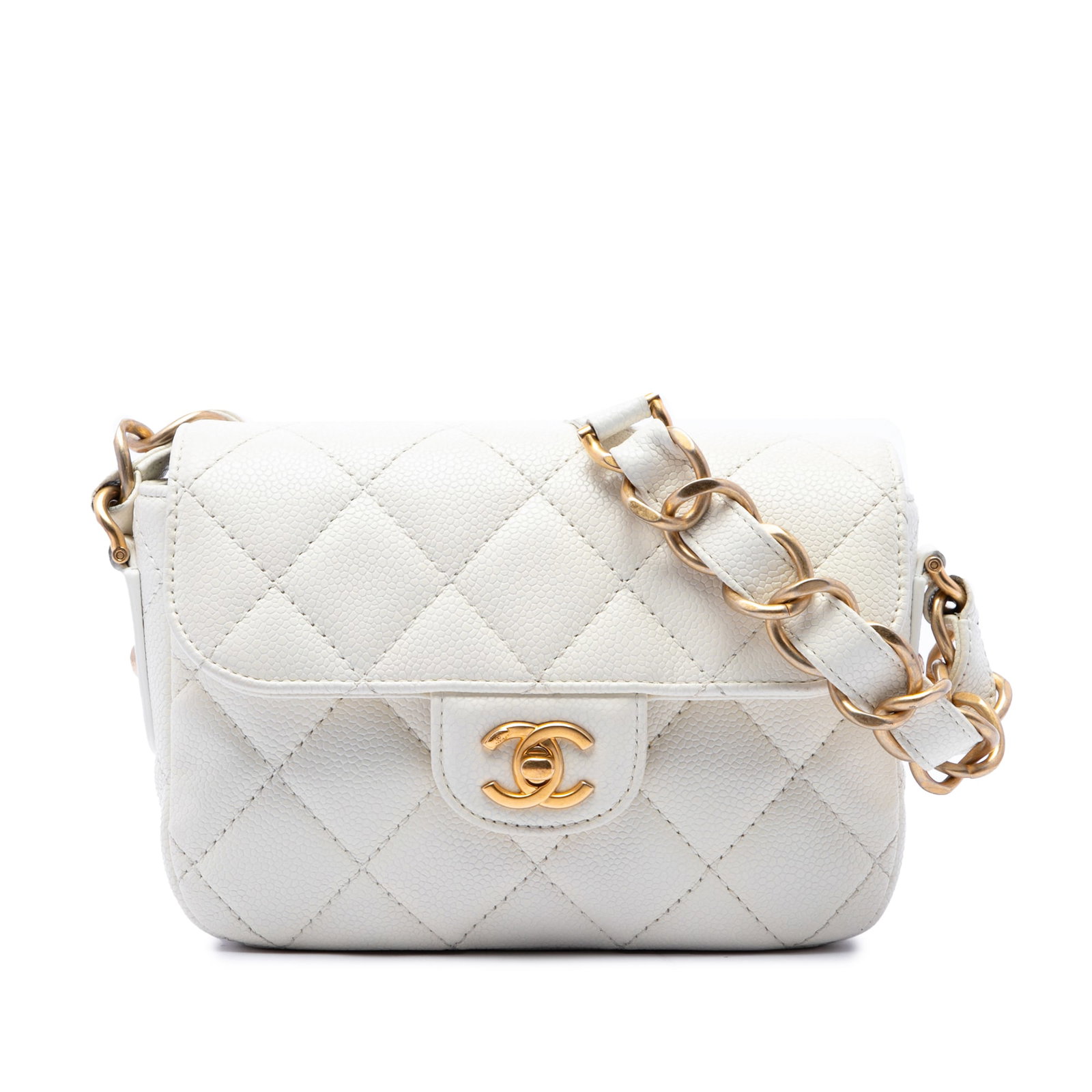 Chanel Mini CC Messenger Flap Crossbody in White Caviar Leather: Chanel Mini CC Messenger Flap Crossbody in White Caviar Leather Chanel Mini CC Quilted Caviar Messenger Flap crossbody bag in white quilted caviar leather. It features a leather and chain shoulder str