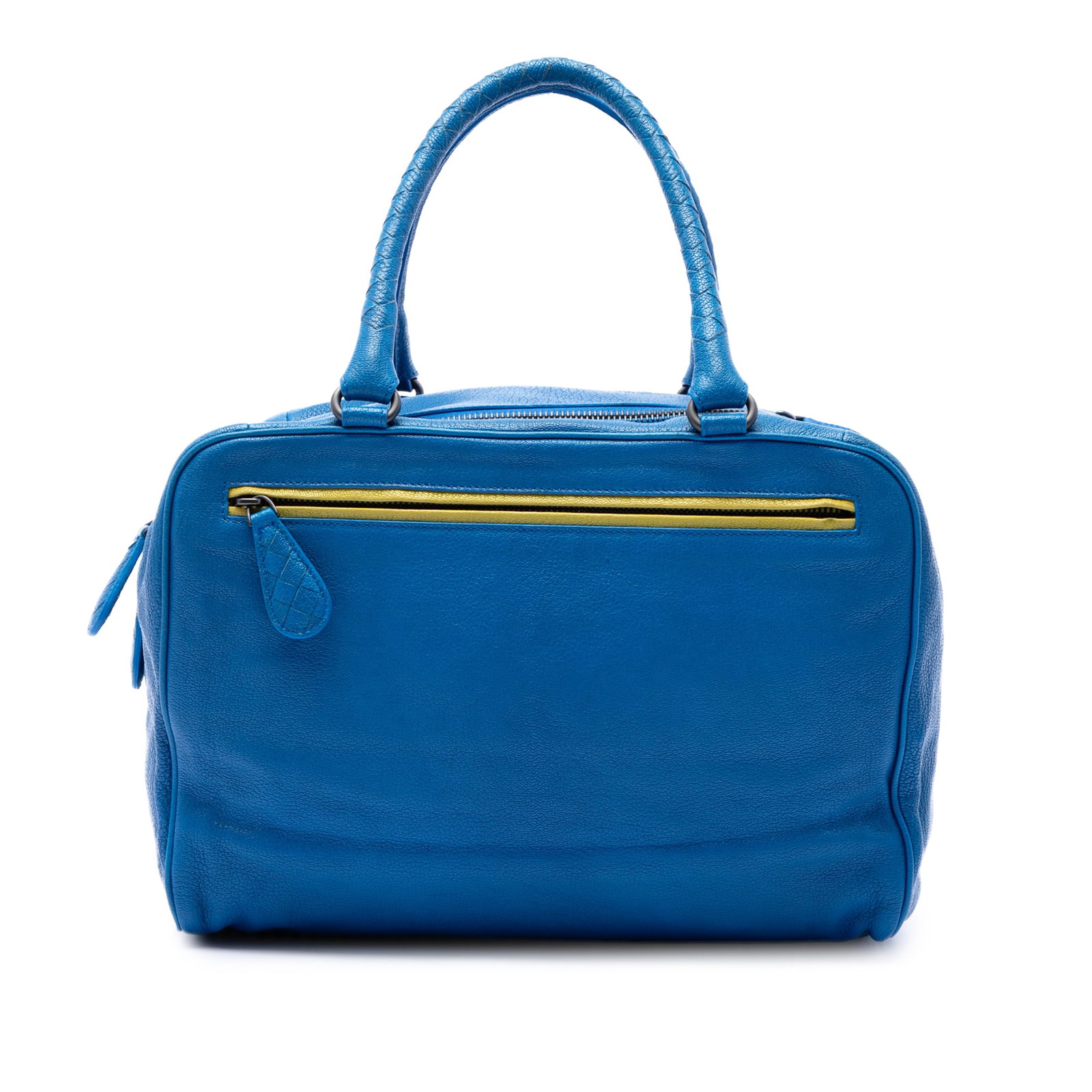 Bottega Veneta Brera Medium Blue Leather Handbag Intrecciato Trim: Bottega Veneta Brera Medium Blue Leather Handbag Intrecciato Trim A Bottega Veneta Brera handbag crafted in blue leather with Intrecciato trim. This medium handbag features rolled leather handles, top