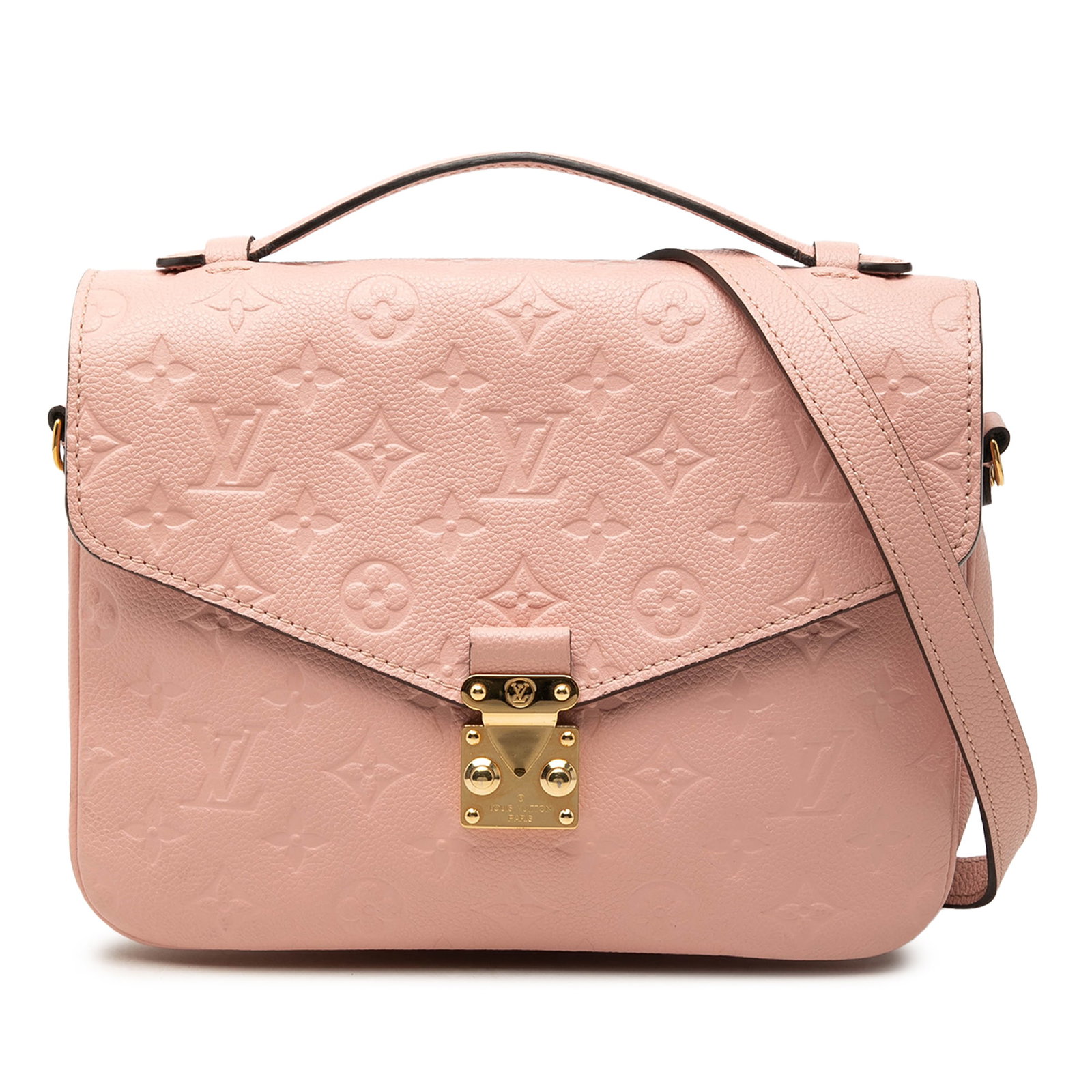 Louis Vuitton Pochette Metis Monogram Empreinte Leather Shoulder Bag: Louis Vuitton Pochette Metis Monogram Empreinte Leather Shoulder Bag Louis Vuitton Monogram Empreinte Pochette Metis in pink leather with a structured silhouette, flat top handle, and detachable flat 