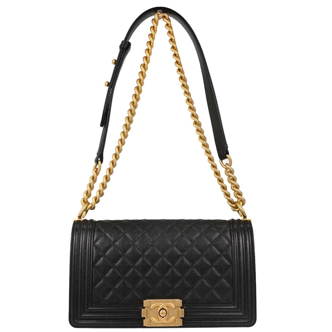 CHANEL Boy Medium Shoulder Bag Black Caviar Leather Silver Tone Lock: CHANEL Boy Medium Shoulder Bag Black Caviar Leather Silver Tone Lock Vintage Chanel Boy Medium shoulder bag in black caviar skin leather with silver-tone hardware and a push-lock closure. This women's
