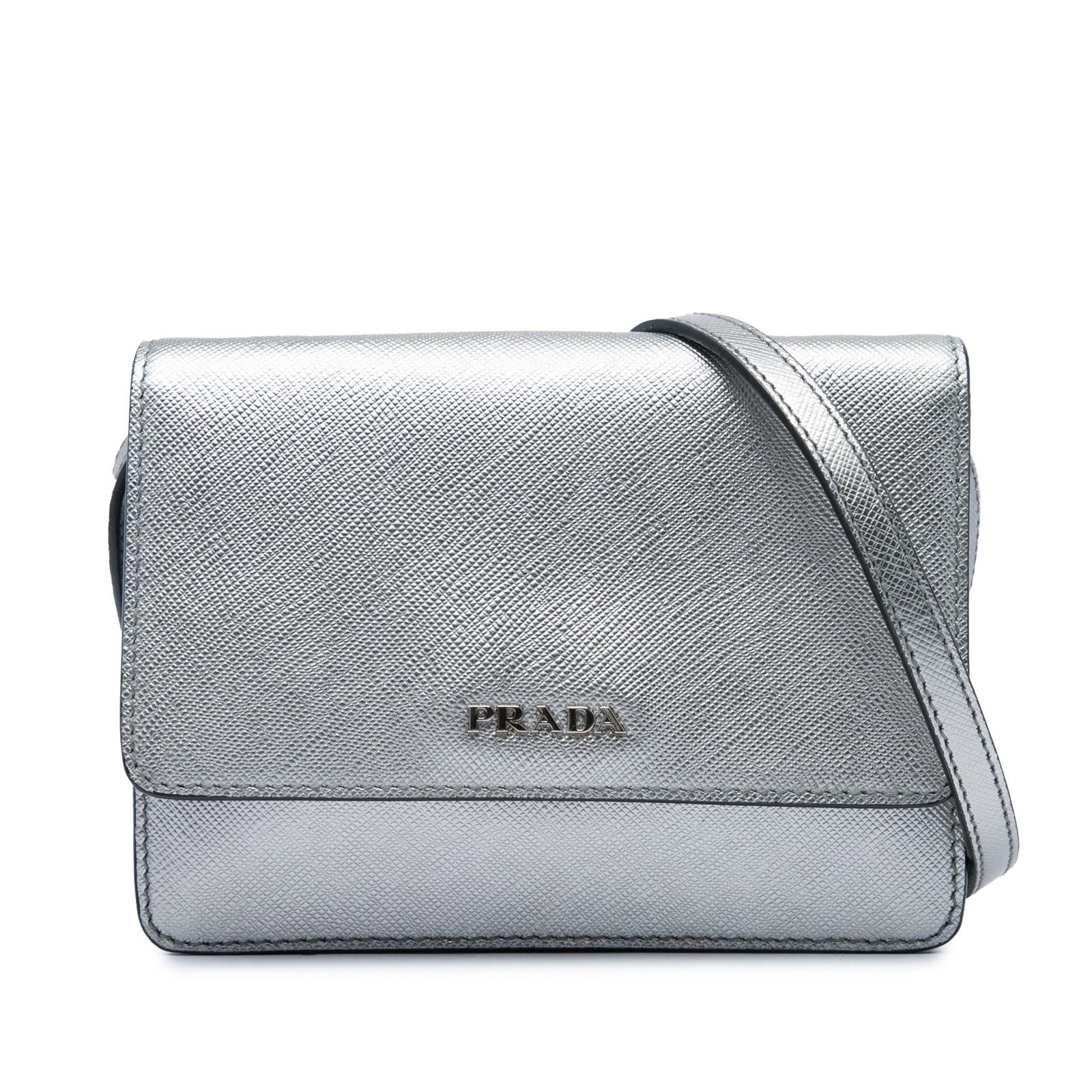 Prada Saffiano Leather Crossbody Wallet on Strap Silver: Prada Saffiano Leather Crossbody Wallet on Strap Silver Prada Saffiano Wallet on Strap crossbody bag crafted in silver saffiano leather. It features an adjustable flat leather strap, a front flap with