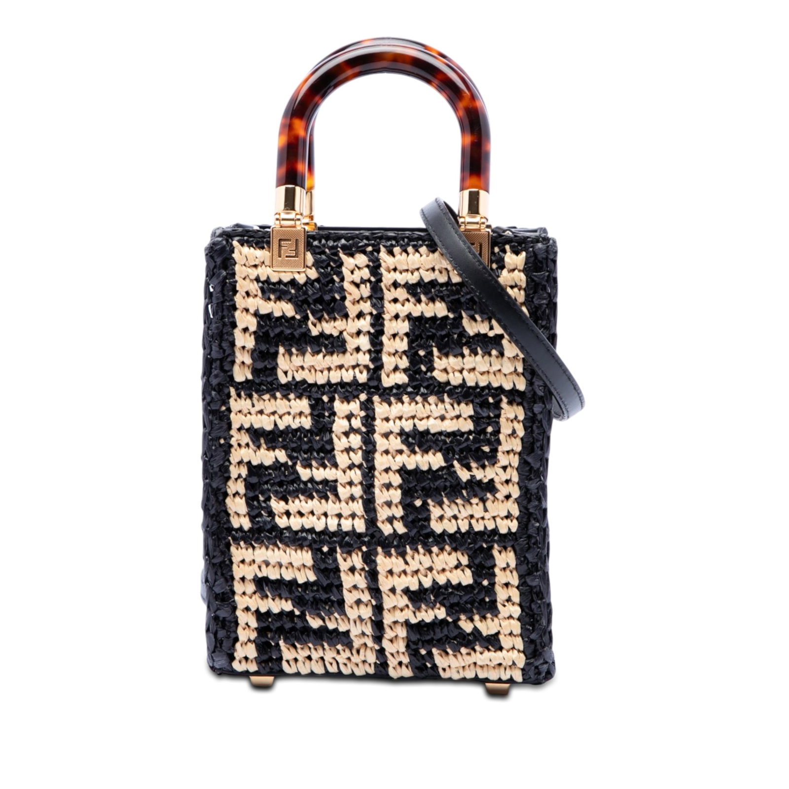 Fendi Sunshine Shopper Mini Zucca Raffia Tote Bag: Fendi Sunshine Shopper Mini Zucca Raffia Tote Bag This Fendi Mini Zucca Raffia Sunshine Shopper Tote features a raffia body with leather trim, acrylic top handles, a detachable flat leather shoulder s