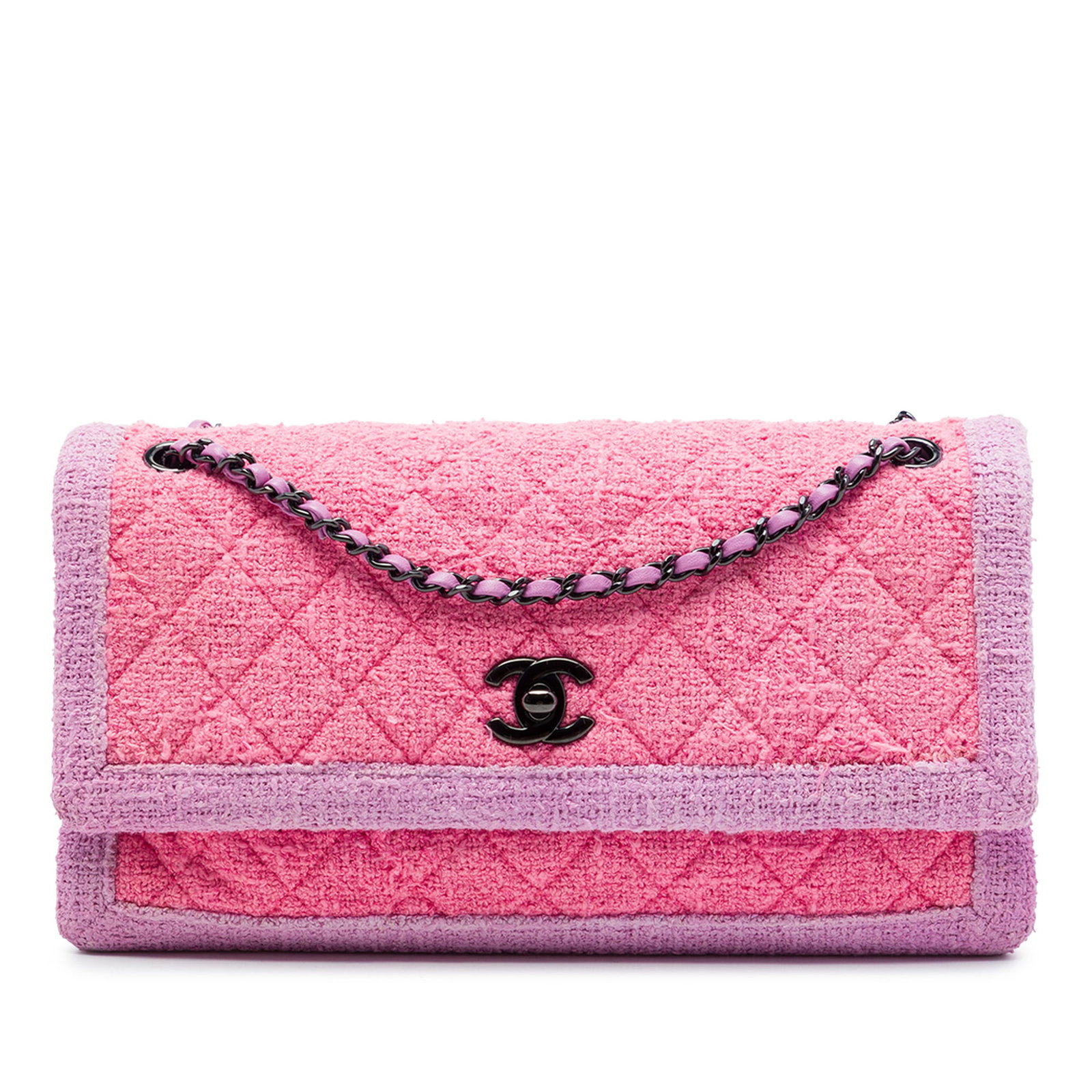 Chanel CC Accordion Flap Shoulder Bag Pink Quilted Tweed: Chanel CC Accordion Flap Shoulder Bag Pink Quilted Tweed A Chanel CC Quilted Tweed Accordion Flap shoulder bag in pink fabric. This design features a tweed body, woven chain link shoulder straps, a fr