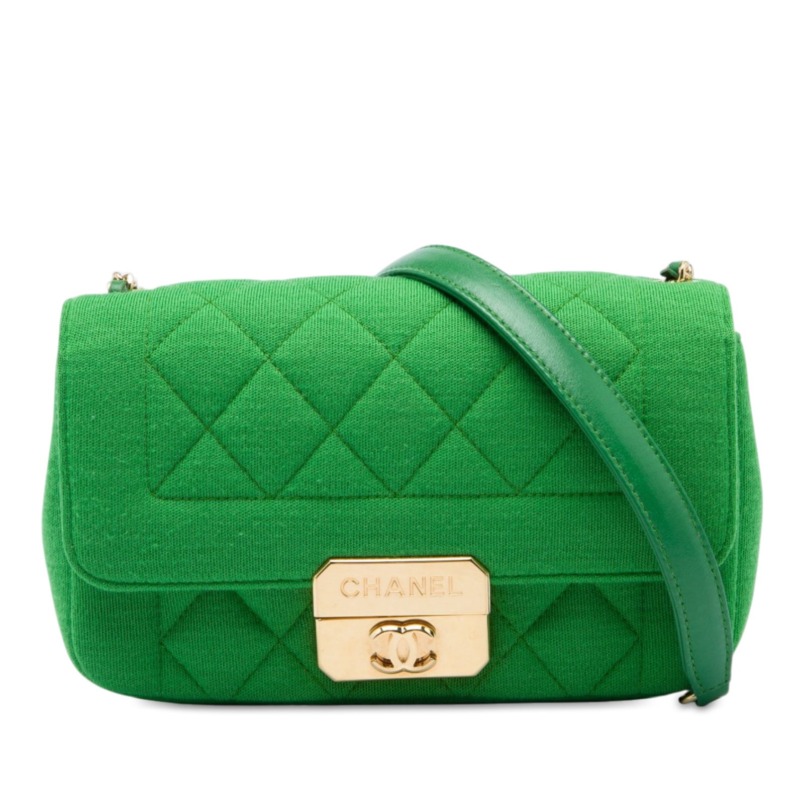 Chanel Mini Jersey Chic With Me Flap Crossbody Bag Green: Chanel Mini Jersey Chic With Me Flap Crossbody Bag Green Compact and versatile, this Chanel Mini Jersey Chic With Me Flap crossbody bag is crafted with a quilted jersey body and finished with a leathe