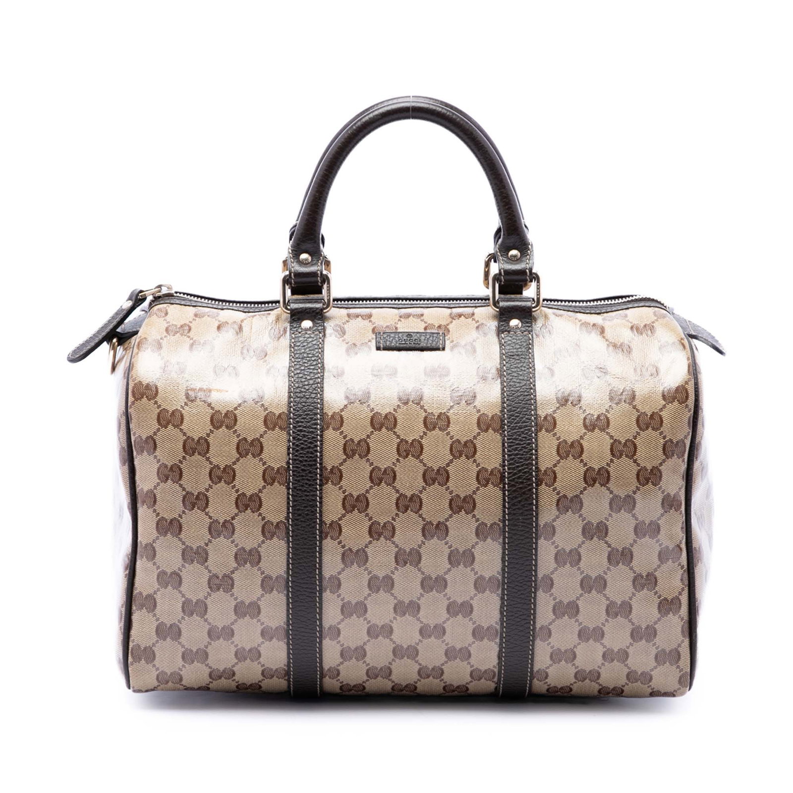 Gucci GG Crystal Joy Medium Boston Bag Beige Coated Canvas: Gucci GG Crystal Joy Medium Boston Bag Beige Coated Canvas Gucci Medium GG Crystal Joy Boston Bag in beige with a coated canvas body, leather trim, rolled leather handles, and a top zip closure. The i