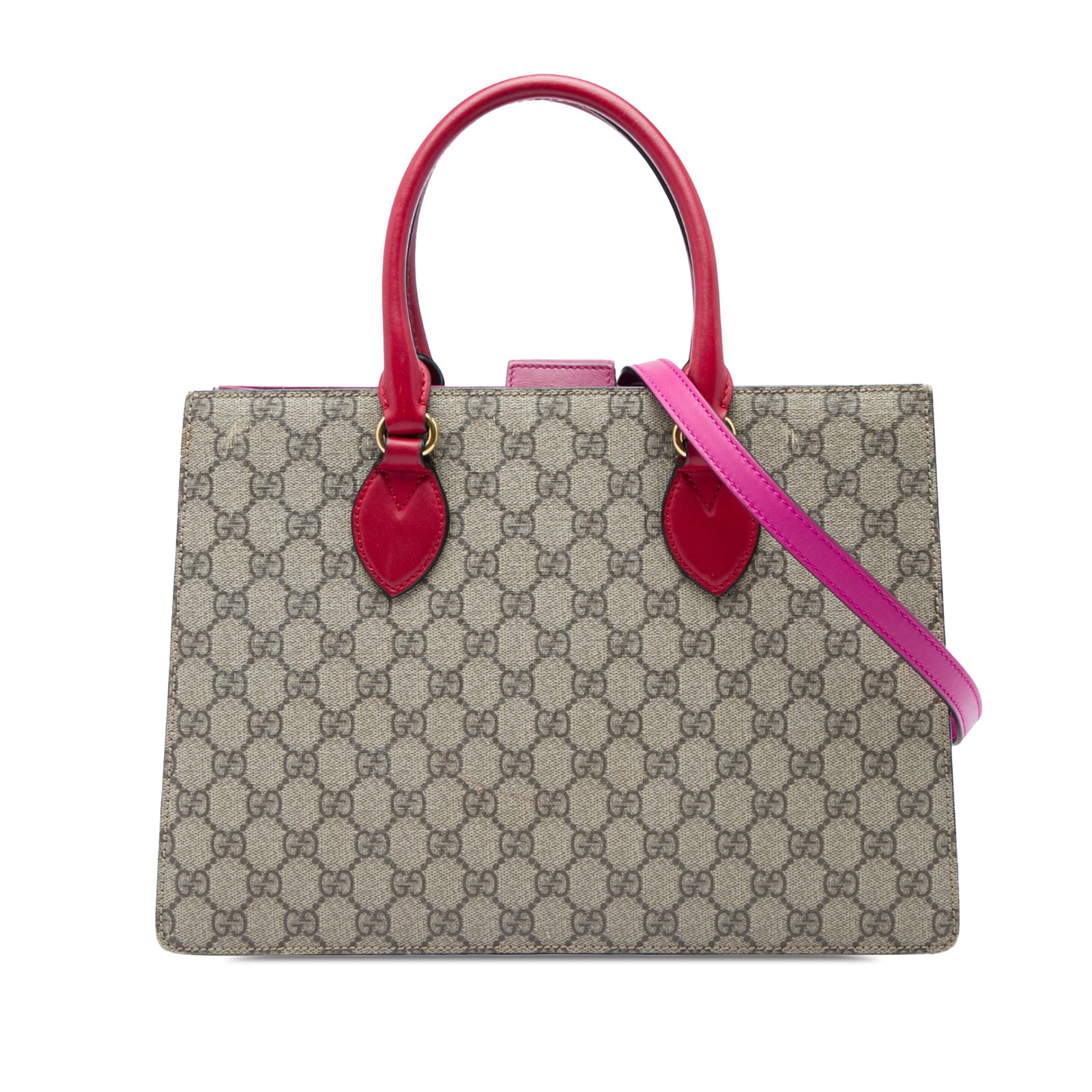Gucci GG Supreme Satchel with Detachable Strap Beige: Gucci GG Supreme Satchel with Detachable Strap Beige A Gucci GG Supreme Convertible Top Handle Bag crafted with a coated canvas body, rolled leather handles, and a detachable flat leather strap. The s