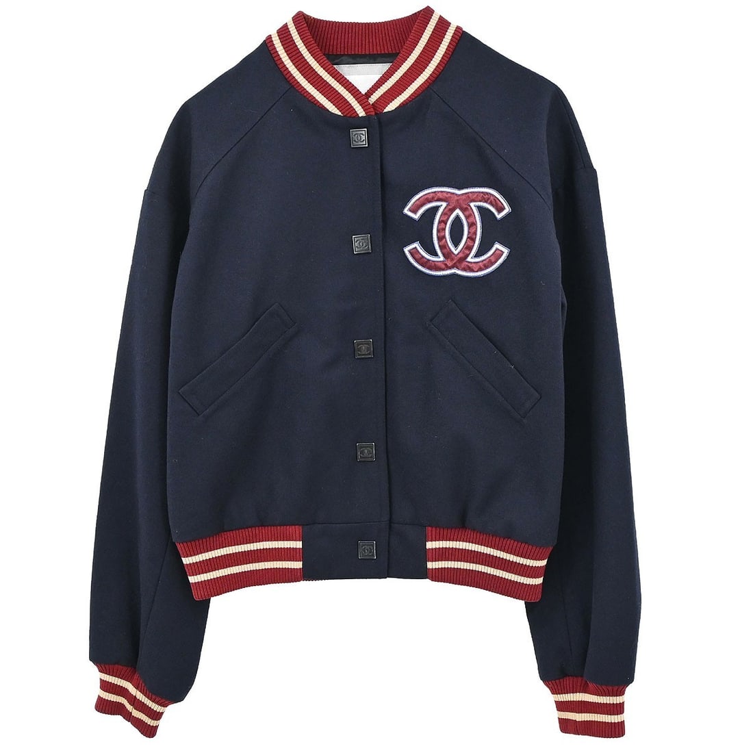 CHANEL Sport Line Wool Jacket Navy Women Size 38 France: CHANEL Sport Line Wool Jacket Navy Women Size 38 France A vintage Chanel Sport Line spring bomber jacket in navy, made in France. It is a mid-length women's jacket in regular size 38 with a button clo