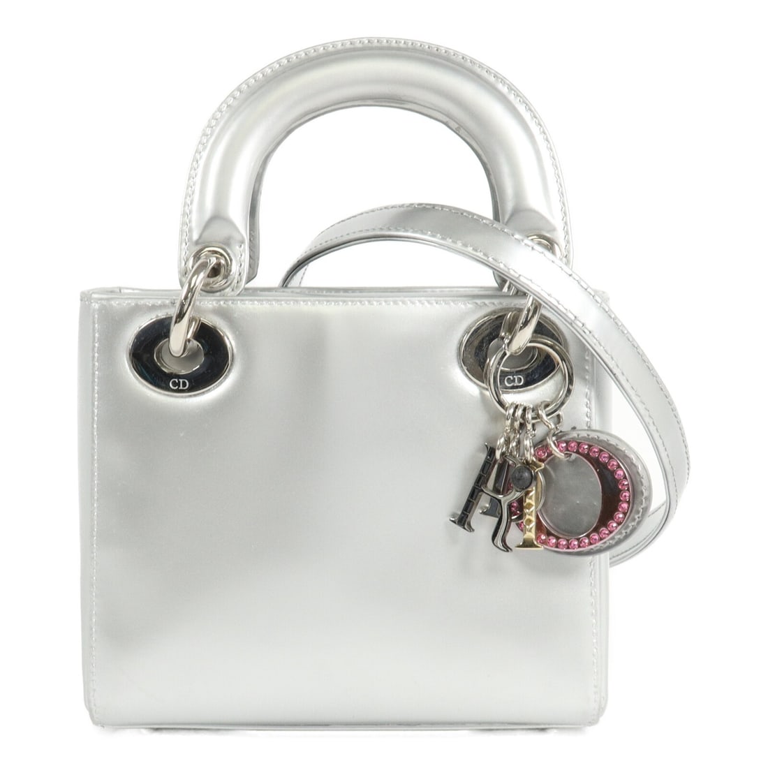 Dior Mini Lady Dior 2way Shoulder Bag Silver Patent Limited Edition: Dior Mini Lady Dior 2way Shoulder Bag Silver Patent Limited Edition Limited Edition Mini Lady Dior 2-way shoulder bag in silver mirror metallic patent leather. This women's bag features silver-tone ha