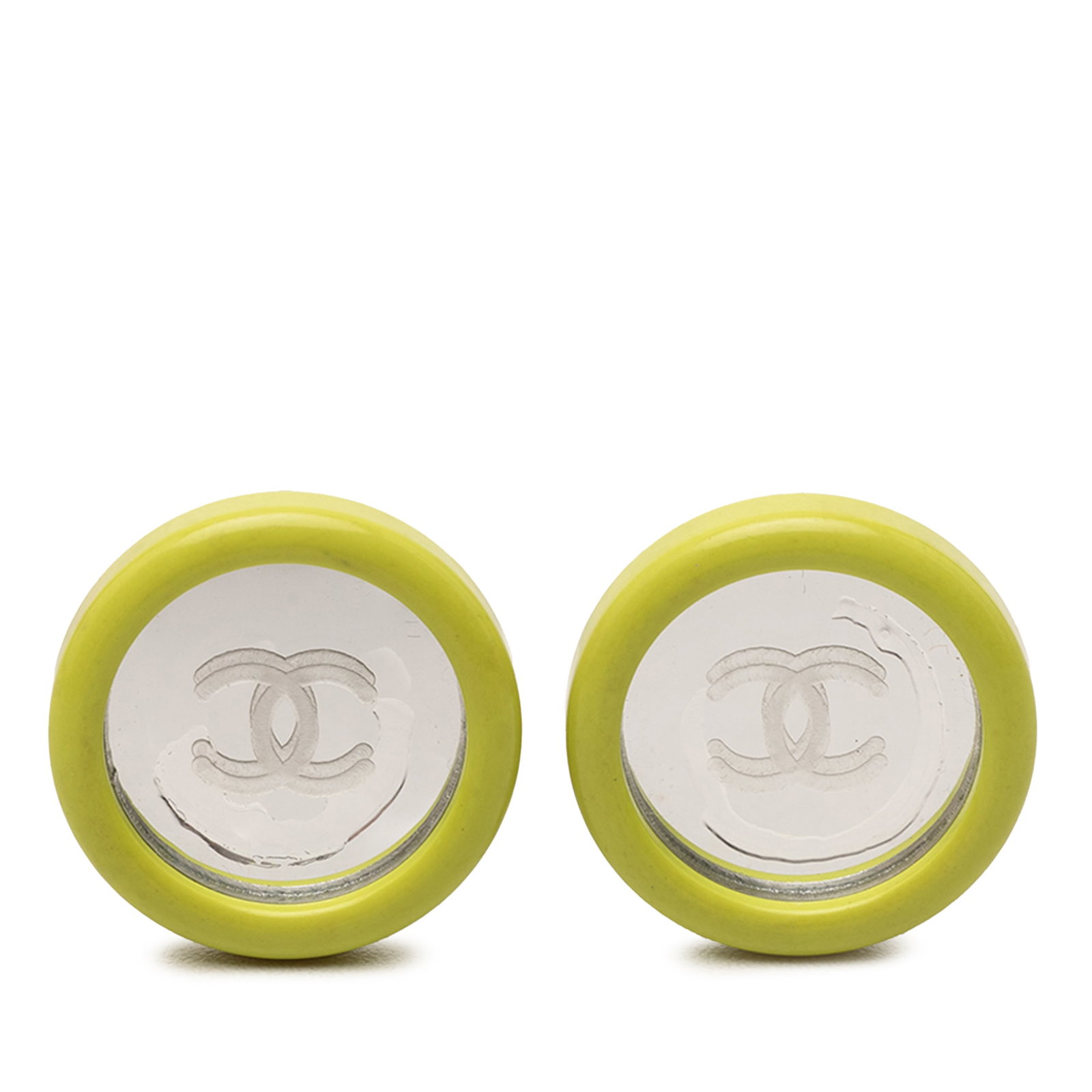 Chanel CC Round Clip On Earrings Green Resin Mirror Detail: Chanel CC Round Clip On Earrings Green Resin Mirror Detail Chanel CC Resin Round Mirror Clip On Earrings in green, featuring a resin body with mirror detail and a clip-on closure. The earrings are mad