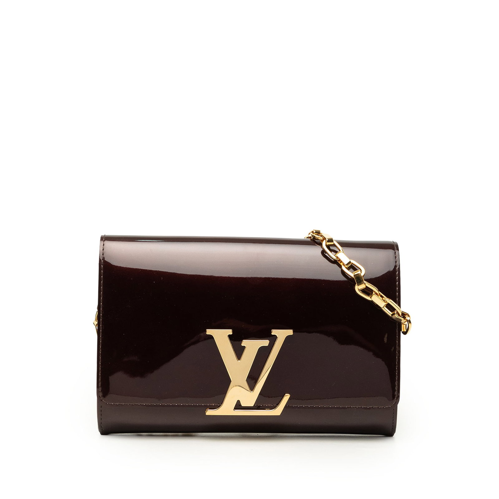 Louis Vuitton Louise Chain MM red Vernis leather shoulder bag: Louis Vuitton Louise Chain MM red Vernis leather shoulder bag The Louis Vuitton Vernis Louise Chain MM is a red leather shoulder bag with a structured flap-front design and a gold-tone chain strap. It