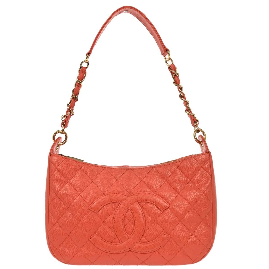 CHANEL Caviar Skin Leather Shoulder Bag in Salmon Pink: CHANEL Caviar Skin Leather Shoulder Bag in Salmon Pink Chanel shoulder bag in salmon pink caviar skin leather with a medium profile and shoulder strap. The bag features one exterior pocket and one int