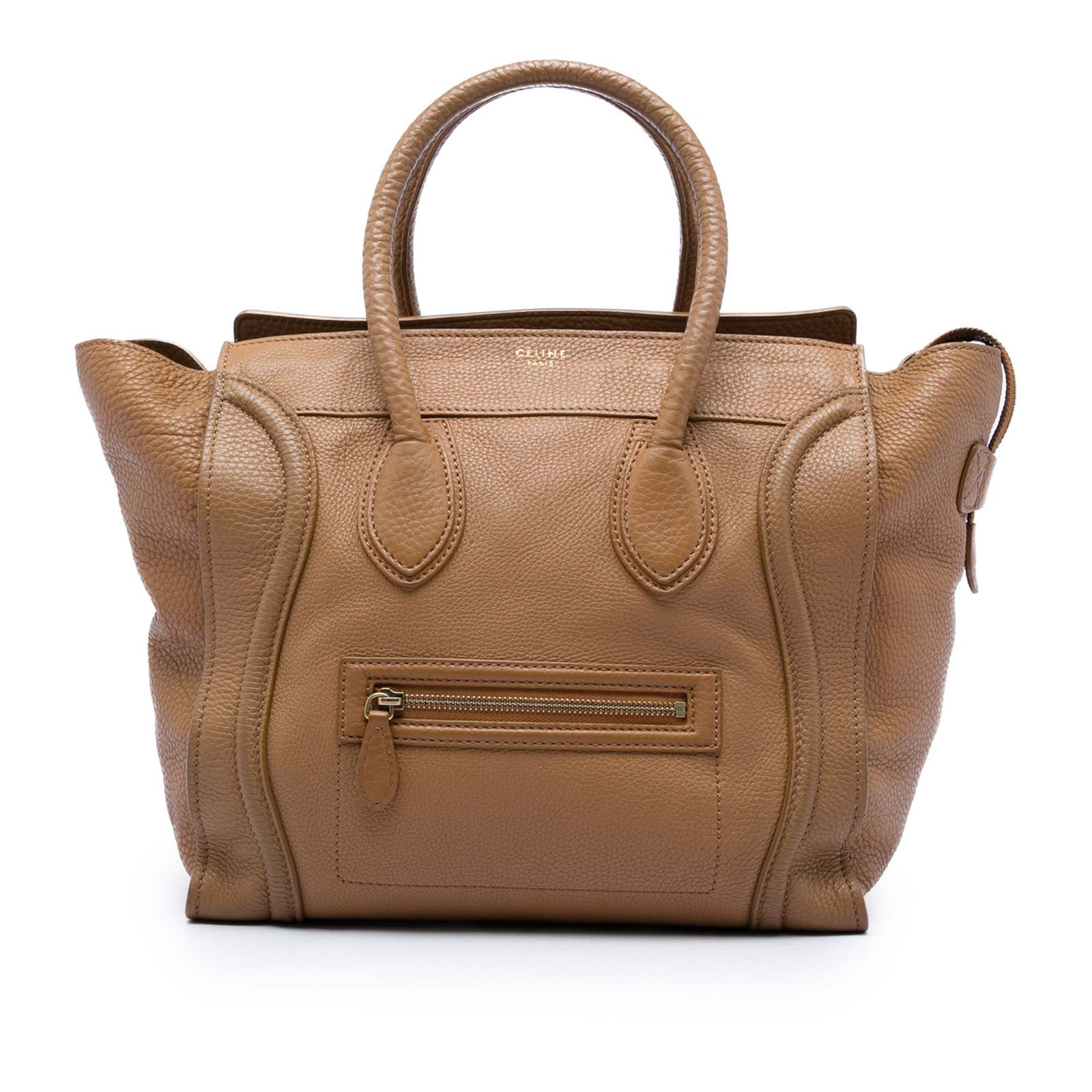 Celine Luggage Tote Mini Grained Calfskin Leather Bag Brown: Celine Luggage Tote Mini Grained Calfskin Leather Bag Brown Celine Mini Grained Calfskin Luggage Tote in brown leather, made in Italy. This structured tote features rolled leather handles, a top zip c