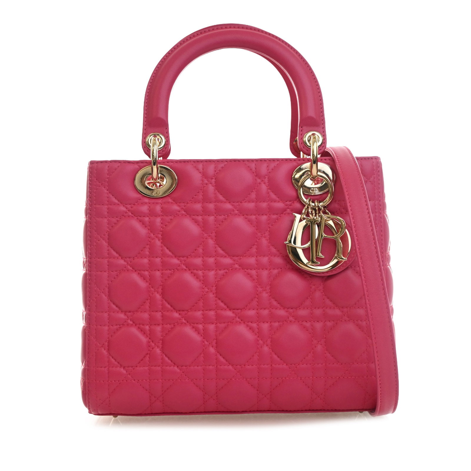 Dior Lady Dior Medium Cannage Lambskin Bag Pink: Dior Lady Dior Medium Cannage Lambskin Bag Pink Medium Lady Dior bag in pink quilted lambskin leather with Cannage detailing. It features flat leather top handles, a detachable strap, a top zip closur