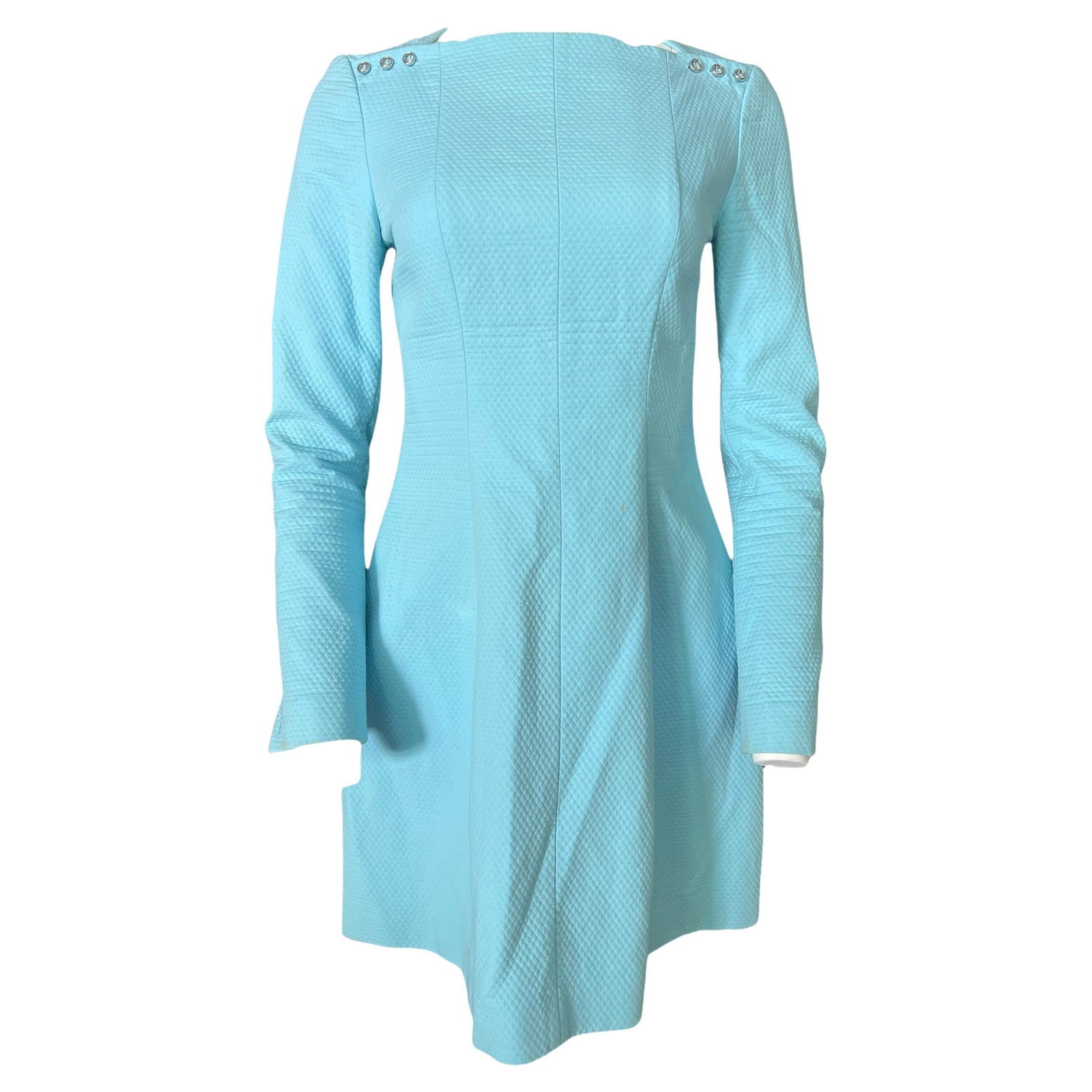 Kenzo Paris cotton mini dress baby blue size 38: Kenzo Paris cotton mini dress baby blue size 38 Kenzo Paris baby blue cotton mini dress with a clean, tailored silhouette and above-the-knee length. This 21st century piece features long sleeves, silv