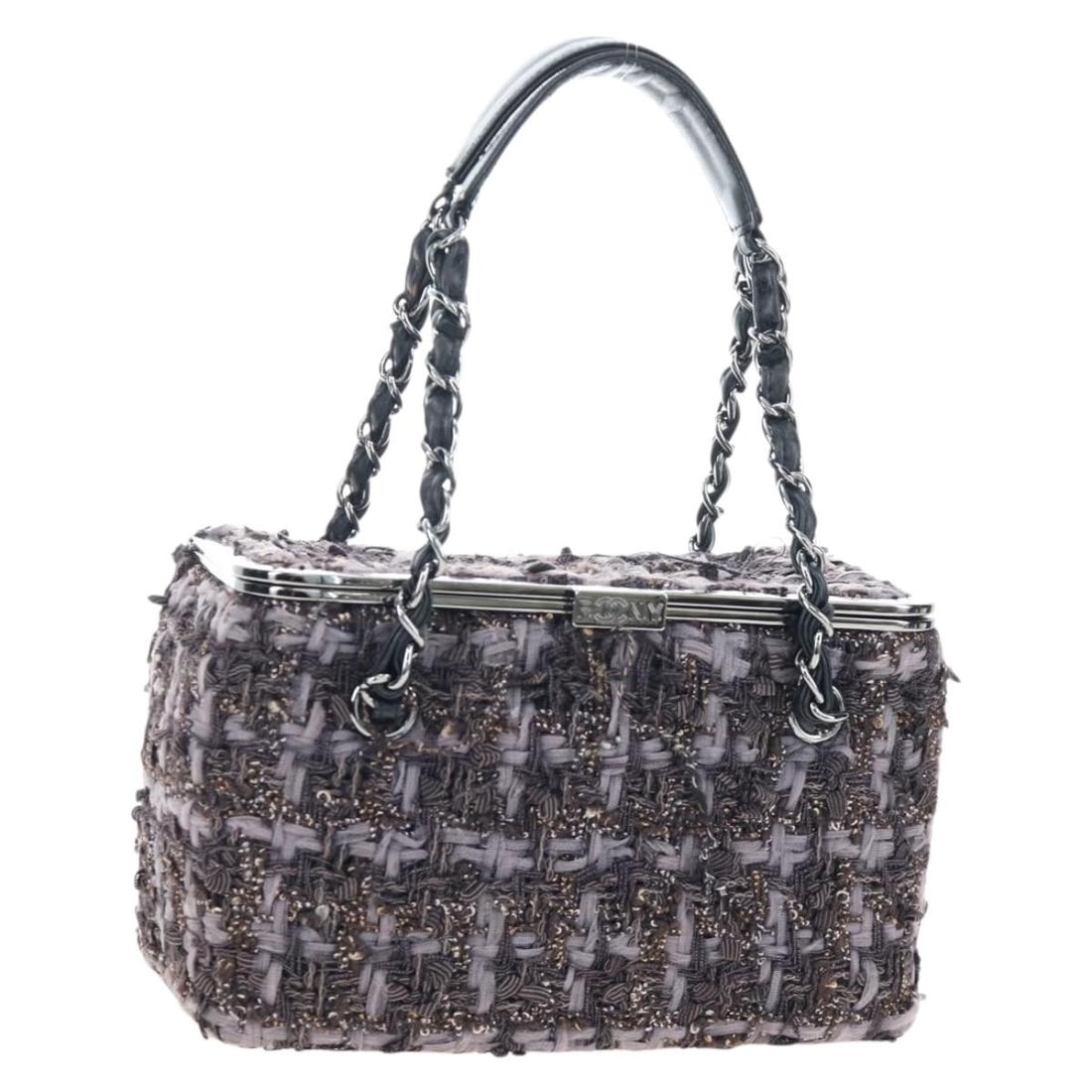 CHANEL Paris New York Vanity Bag Gray Silver Tweed Chain CC: CHANEL Paris New York Vanity Bag Gray Silver Tweed Chain CC Chanel Paris New York Line chain vanity bag in gray and silver canvas. This women's handbag is made in Italy and features the line's distinc