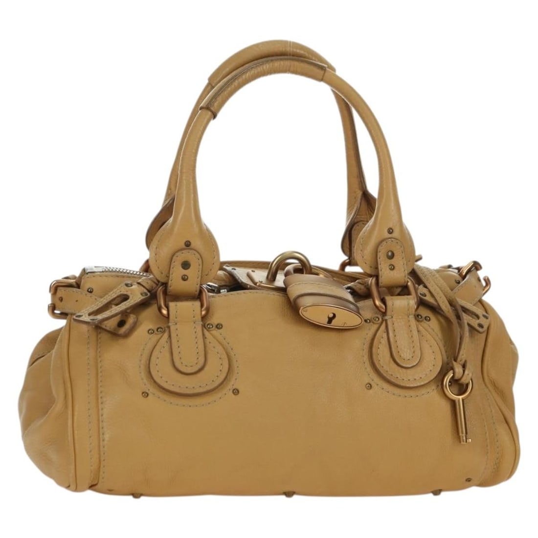 Chloe Paddington Beige Leather Handbag with Dust Bag: Chloe Paddington Beige Leather Handbag with Dust Bag Chloe Paddington handbag in beige leather with gold and silver-tone accents. Includes a dust bag. Made in Italy. Condition is AB, rated very good, 