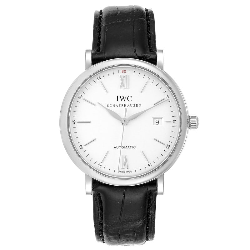 IWC IW356501 Portofino Automatic mens watch silver dial leather strap: IWC IW356501 Portofino Automatic mens watch silver dial leather strap IWC Portofino Automatic wristwatch featuring a silver dial, smooth bezel, and leather strap. This men's watch is identified by ref