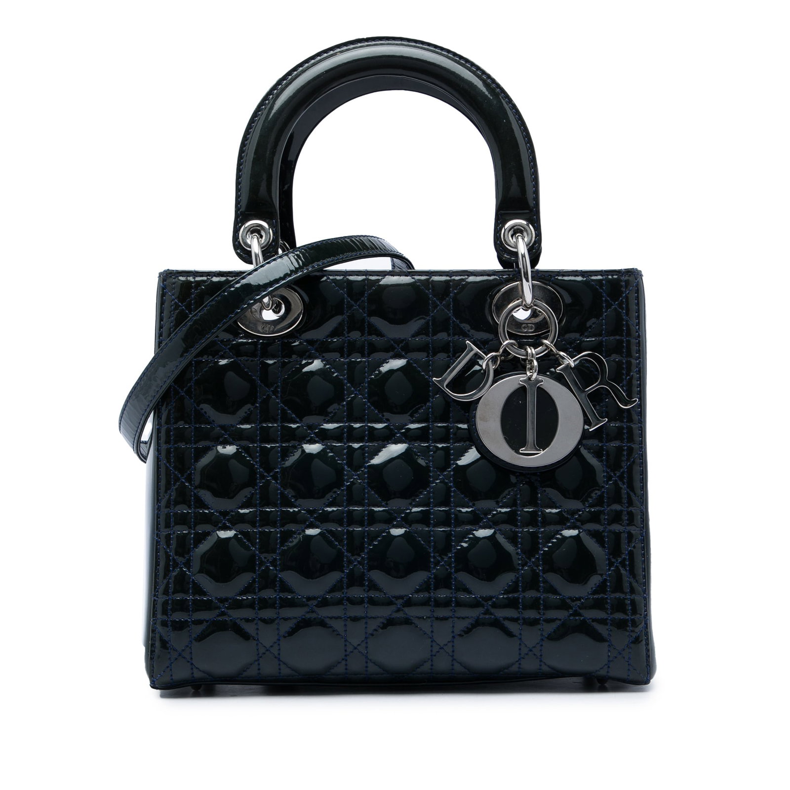 Dior Lady Dior Medium blue patent leather Cannage handbag: Dior Lady Dior Medium blue patent leather Cannage handbag A medium Lady Dior bag crafted in blue patent leather with the signature Cannage quilted design. It features flat top handles, a detachable fl