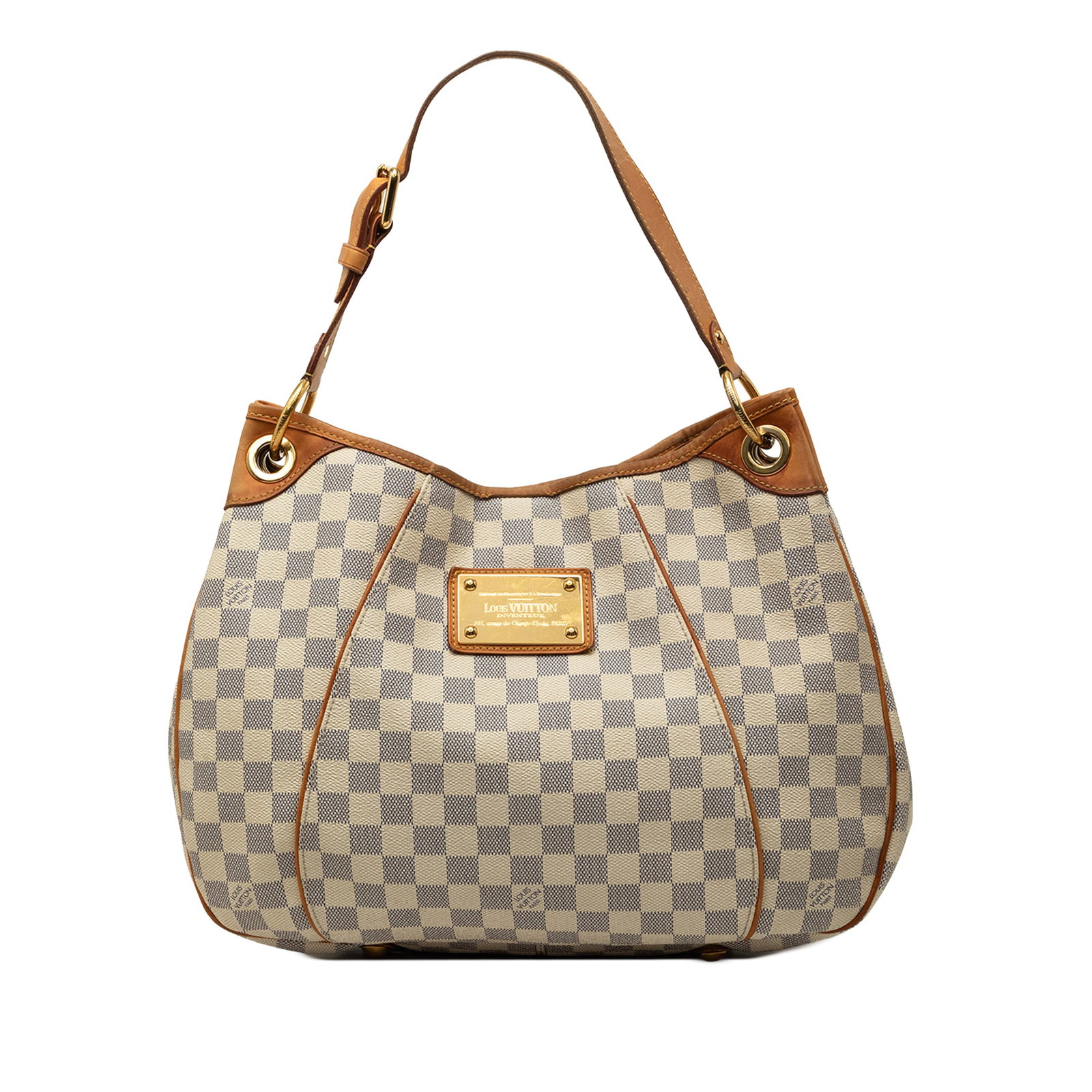 Louis Vuitton Galliera PM Damier Azur Shoulder Bag: Louis Vuitton Galliera PM Damier Azur Shoulder Bag Louis Vuitton Galliera PM shoulder bag in Damier Azur canvas with leather trim and a flat vachetta strap. The bag features an open top with magnetic 