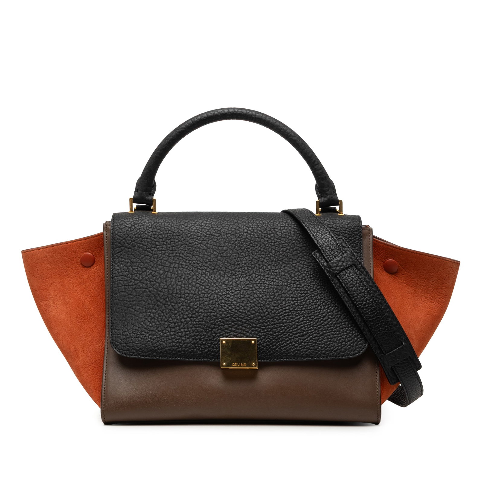 Celine Trapeze Small Tricolor Leather Satchel Bag: Celine Trapeze Small Tricolor Leather Satchel Bag A Celine Small Tricolor Trapeze satchel crafted in leather with the structured silhouette and functional details that define this style. It features a