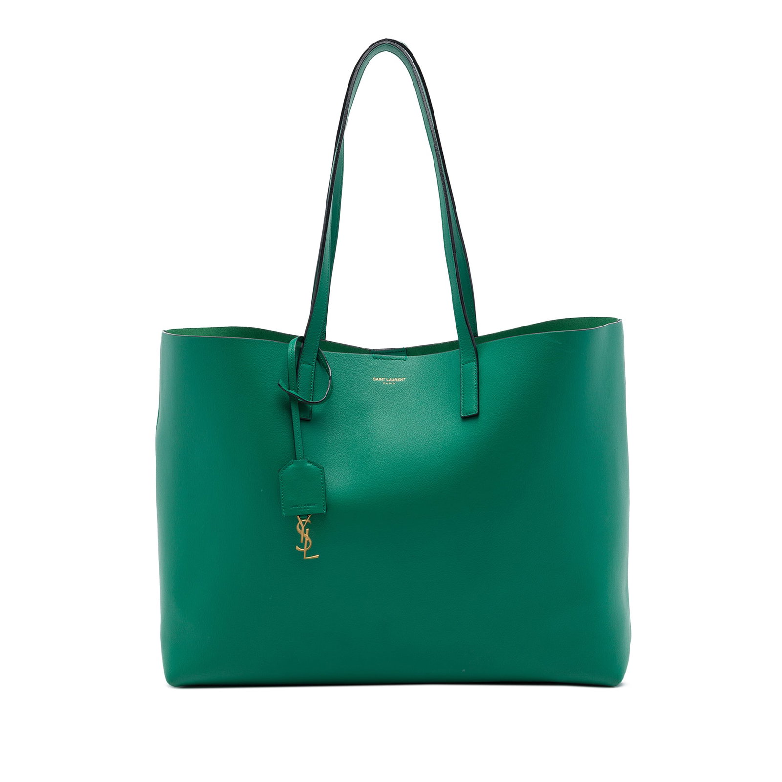 Saint Laurent East West Leather Shopping Tote Bag Large Green: Saint Laurent East West Leather Shopping Tote Bag Large Green A Saint Laurent East West Shopping Tote crafted in green leather with a spacious open-top design and magnetic snap closure. This large tot