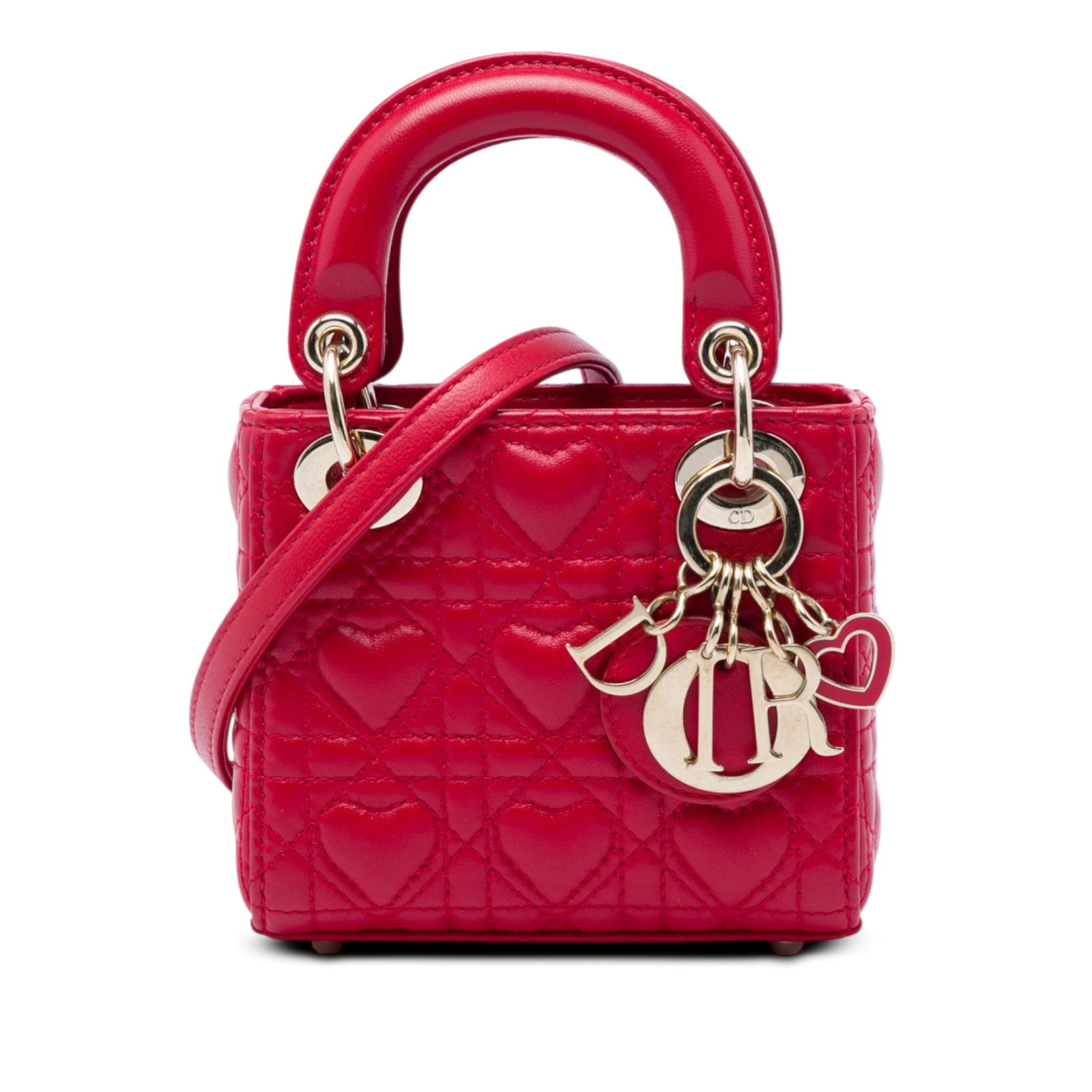 Dior Lady Dior DiorAmour Micro red lambskin bag: Dior Lady Dior DiorAmour Micro red lambskin bag A compact Lady Dior micro bag in red lambskin with the signature Cannage quilted design. It features flat leather top handles, a detachable flat leather