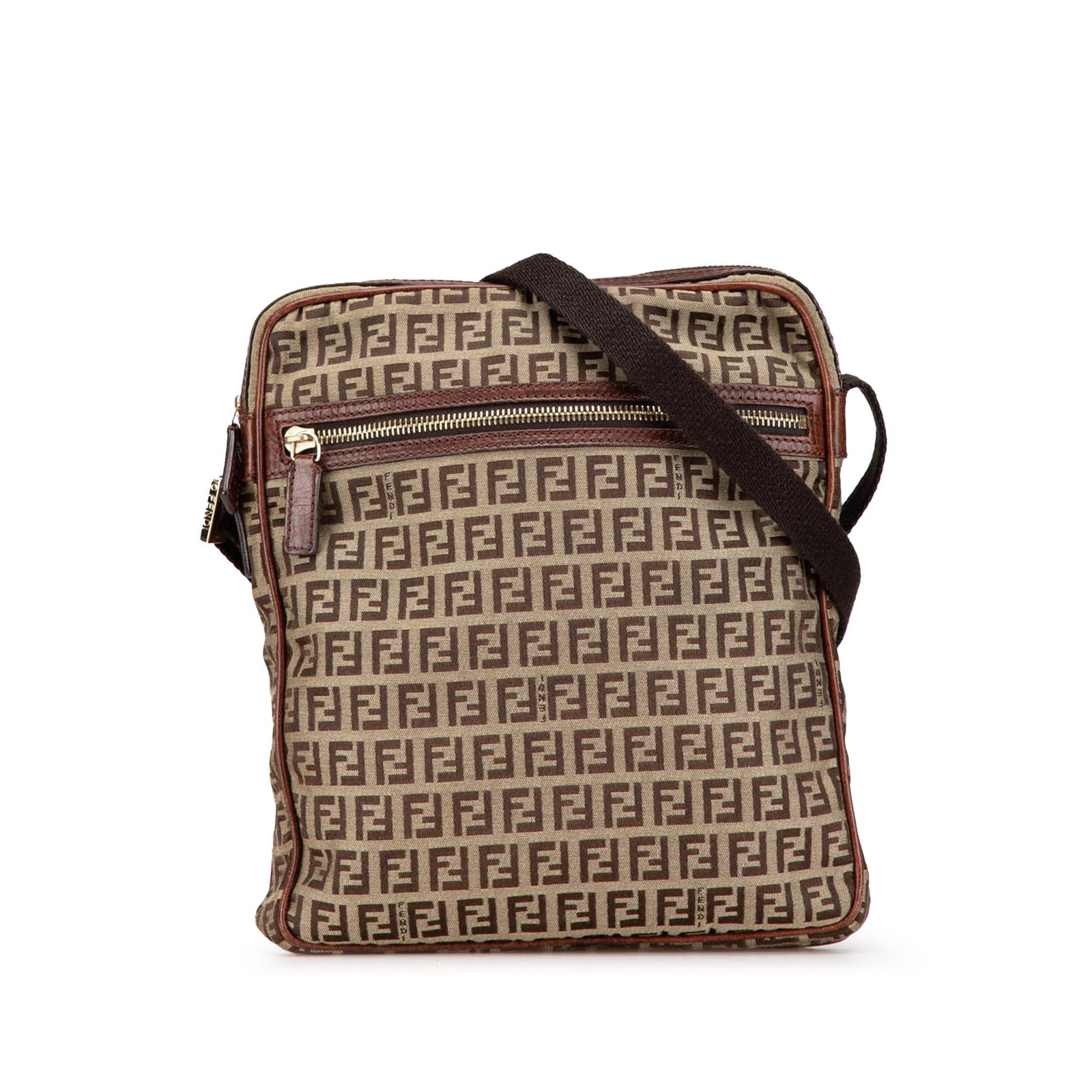 Fendi Zucchino Pattern Canvas Crossbody Bag with Leather Trim: Fendi Zucchino Pattern Canvas Crossbody Bag with Leather Trim This Fendi Zucchino Canvas Crossbody bag features a beige canvas body with leather trim, an adjustable flat strap, a top zip closure, an e