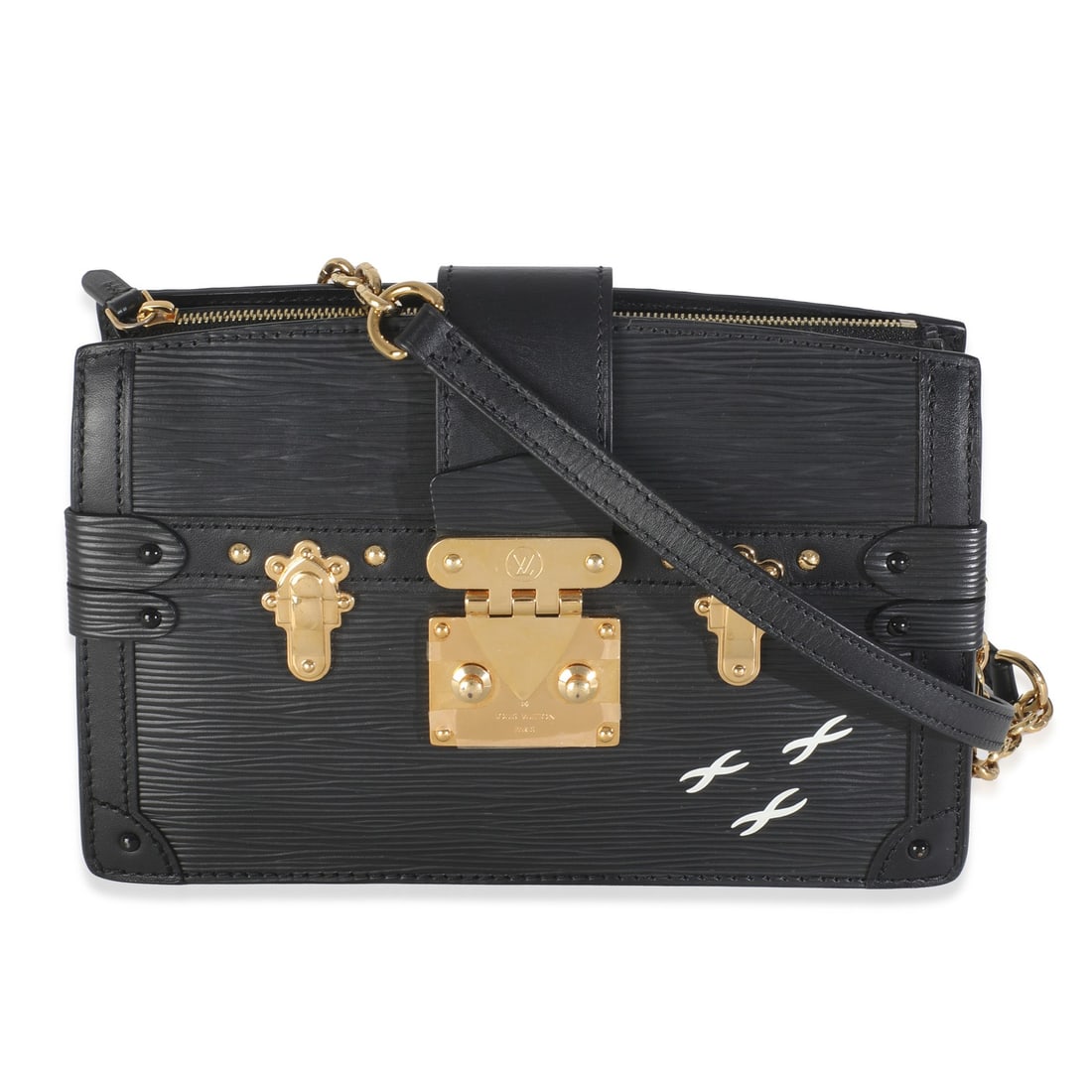 Louis Vuitton Trunk Clutch Black Epi Leather Shoulder Bag: Louis Vuitton Trunk Clutch Black Epi Leather Shoulder Bag Louis Vuitton Trunk Clutch in black Epi leather with a structured silhouette and gold-tone hardware. This pre-owned unisex bag features a push