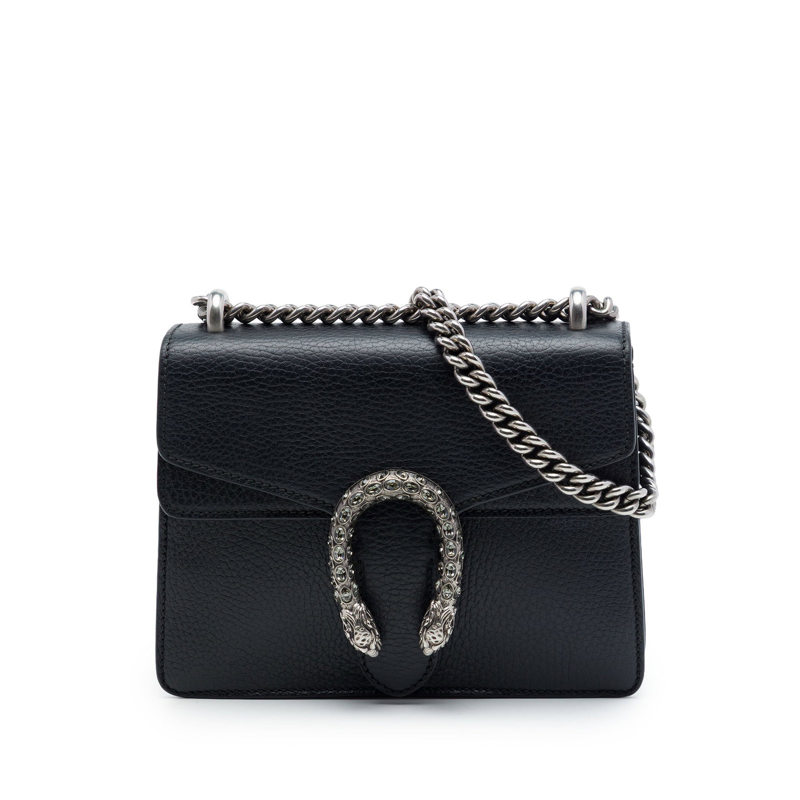 Gucci Dionysus Small Black Leather Crossbody Bag: Gucci Dionysus Small Black Leather Crossbody Bag A Gucci Small Dionysus crossbody bag crafted in black calfskin leather. This compact design features a silver-toned chain strap and a front flap with s