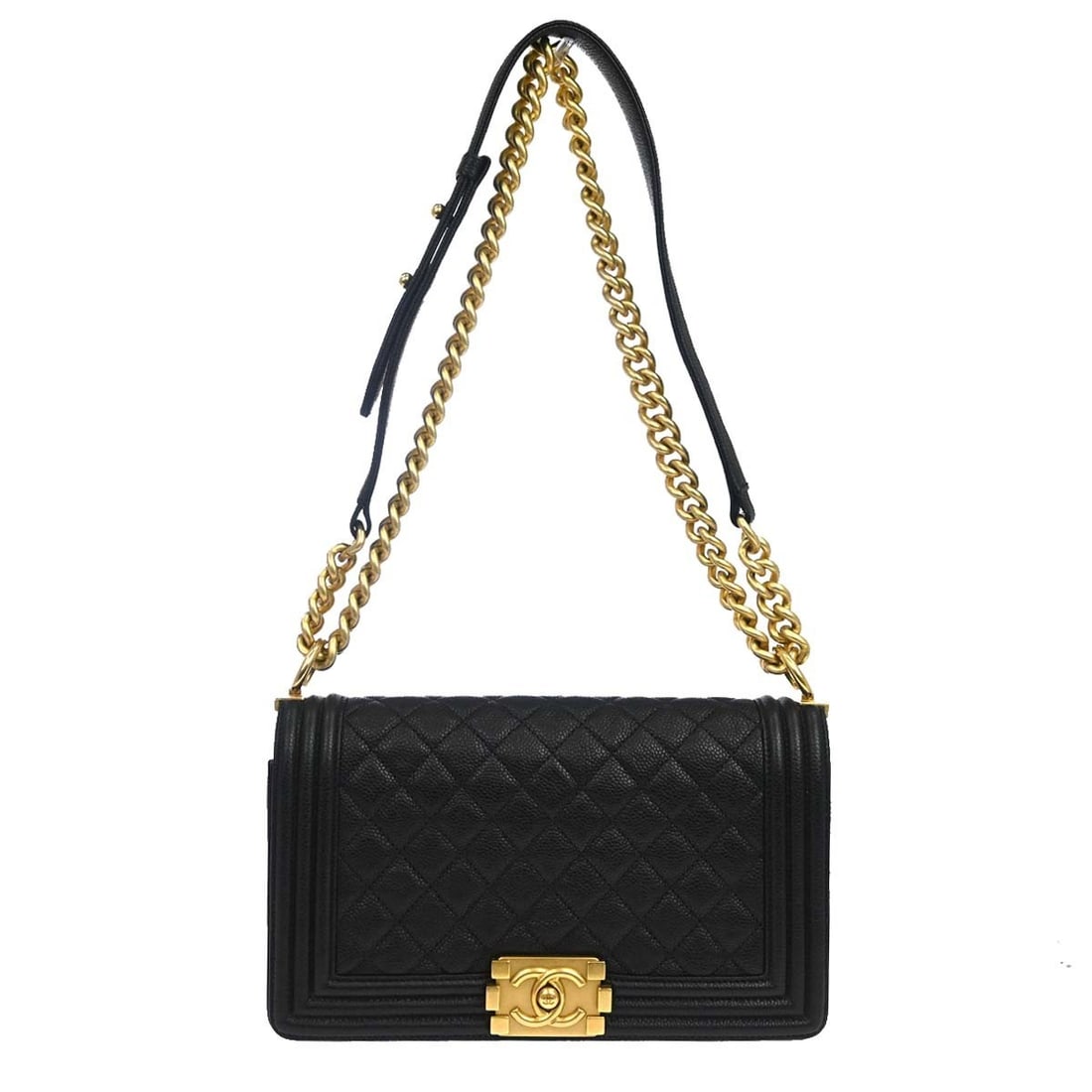 CHANEL Boy Medium Shoulder Bag Black Caviar Leather Chain Strap: CHANEL Boy Medium Shoulder Bag Black Caviar Leather Chain Strap Medium Boy Chanel shoulder bag in black caviar skin leather with a push-lock closure, quilted accents, and a chain shoulder strap. The i