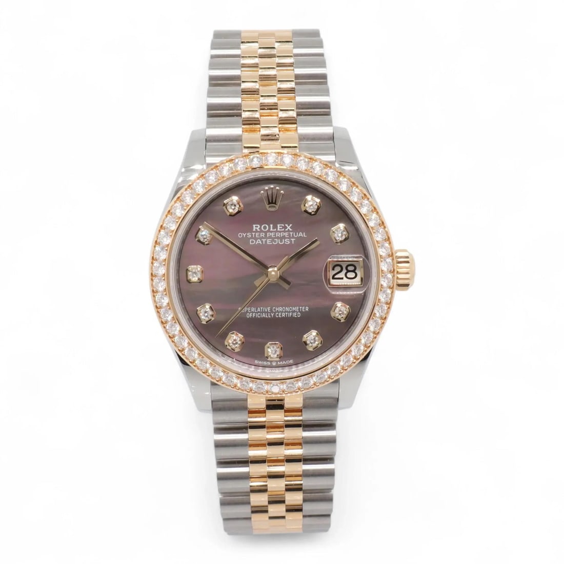 Rolex Datejust 31mm Yellow Gold Steel Black Mother of Pearl Diamond Dial Watch: Rolex Datejust 31mm Yellow Gold Steel Black Mother of Pearl Diamond Dial Watch This Rolex Datejust 31 wristwatch for women features a polished stainless steel and yellow gold case with a matching two-