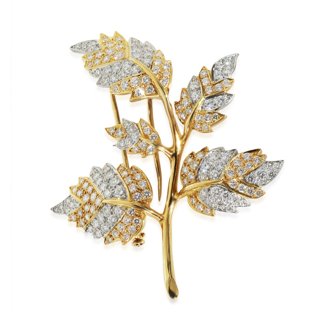 Tiffany & Co. 5 Leaf Schlumberger Diamond Brooch in Yellow Gold Platinum: Tiffany & Co. 5 Leaf Schlumberger Diamond Brooch in Yellow Gold Platinum This exquisite Tiffany & Co. brooch features a stunning 5 Leaf Schlumberger design, crafted from a luxurious combination of yel