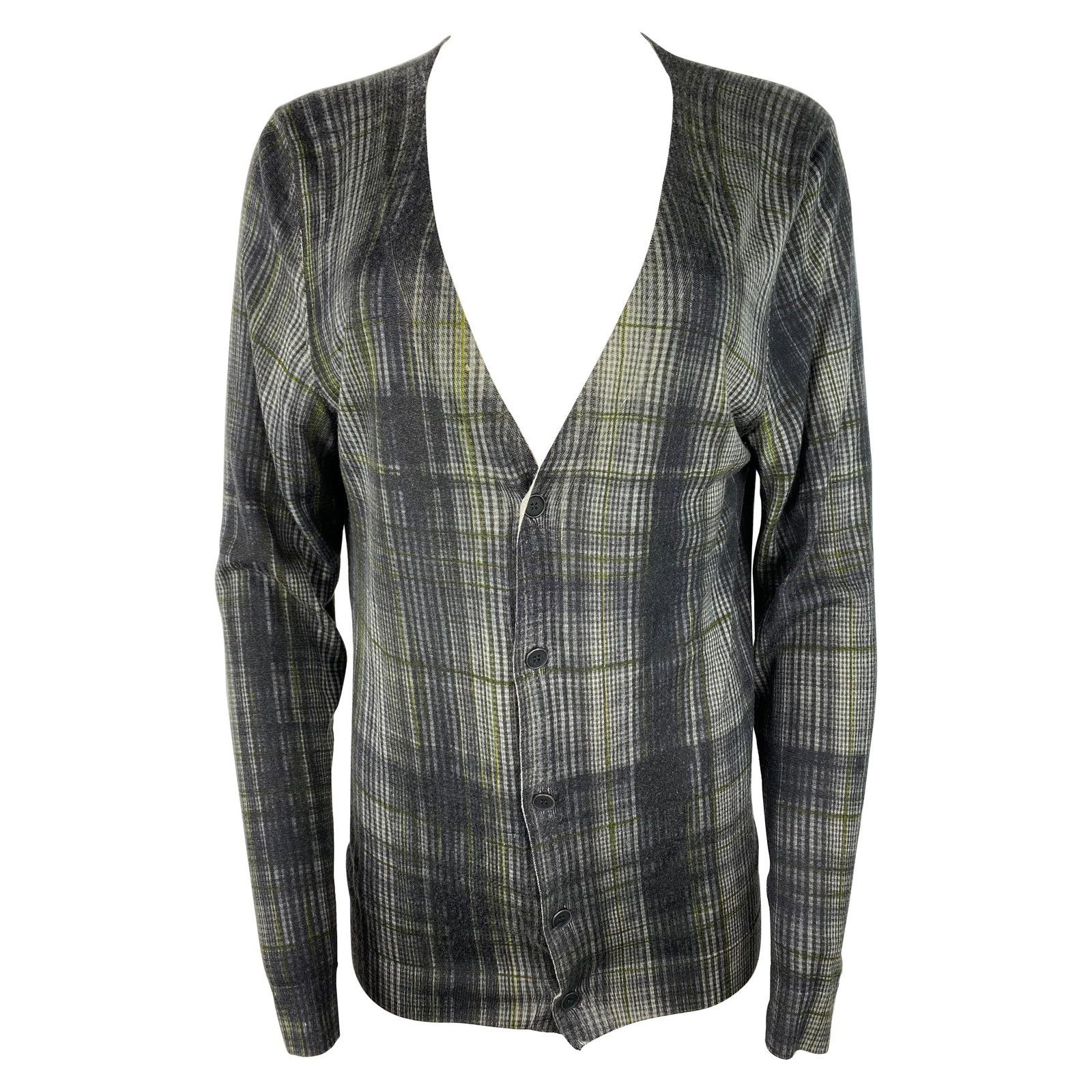 Bottega Veneta plaid cardigan sweater in grey green cashmere silk: Bottega Veneta plaid cardigan sweater in grey green cashmere silk Bottega Veneta cardigan sweater in a grey and green plaid pattern with a V-neckline and front five-button closure. Made in Italy and p