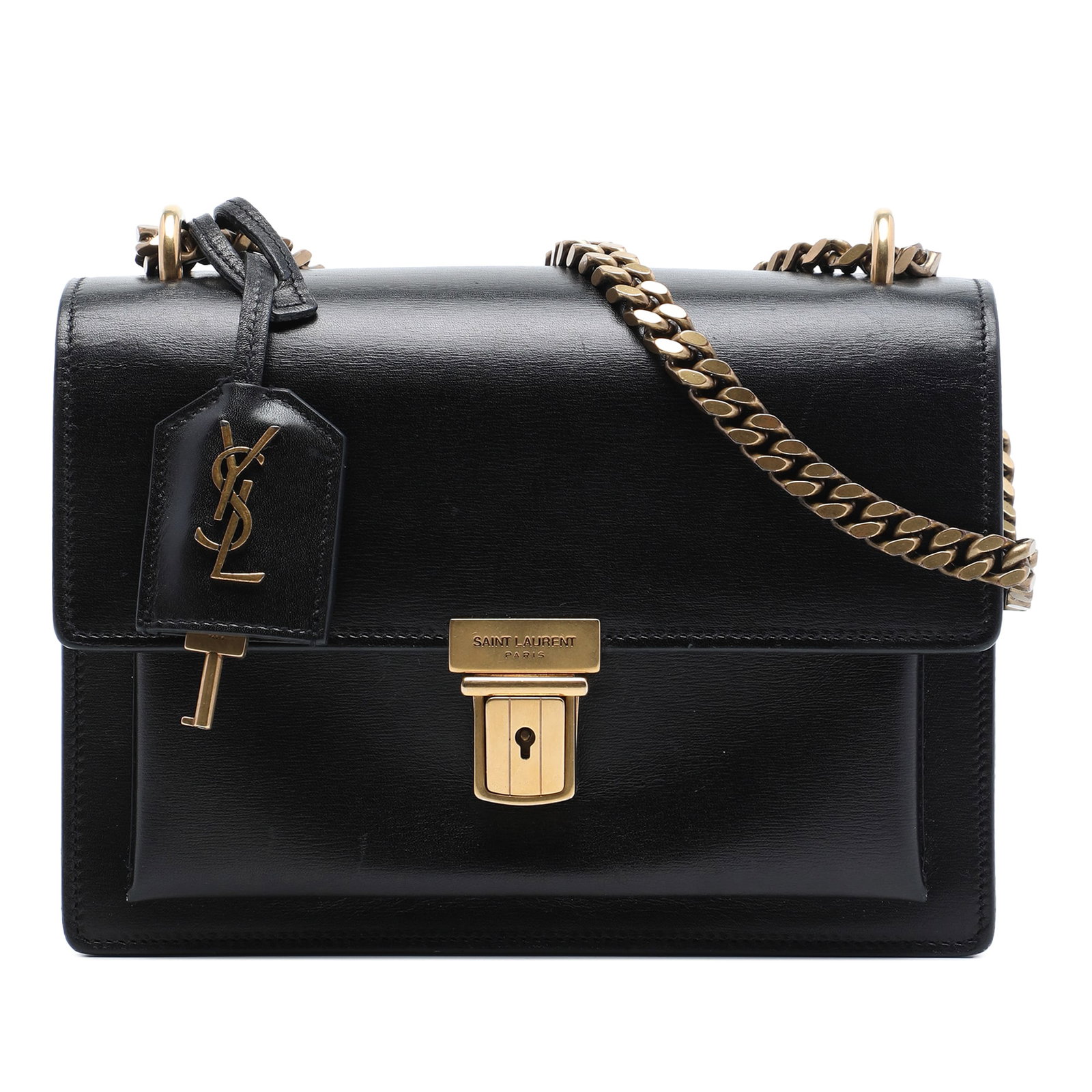 Black Leather Crossbody Bag Saint Laurent High School Small: Black Leather Crossbody Bag Saint Laurent High School Small Saint Laurent Small Calfskin High School Crossbody bag in black leather with a chain link strap and leather guard. The design features a fro