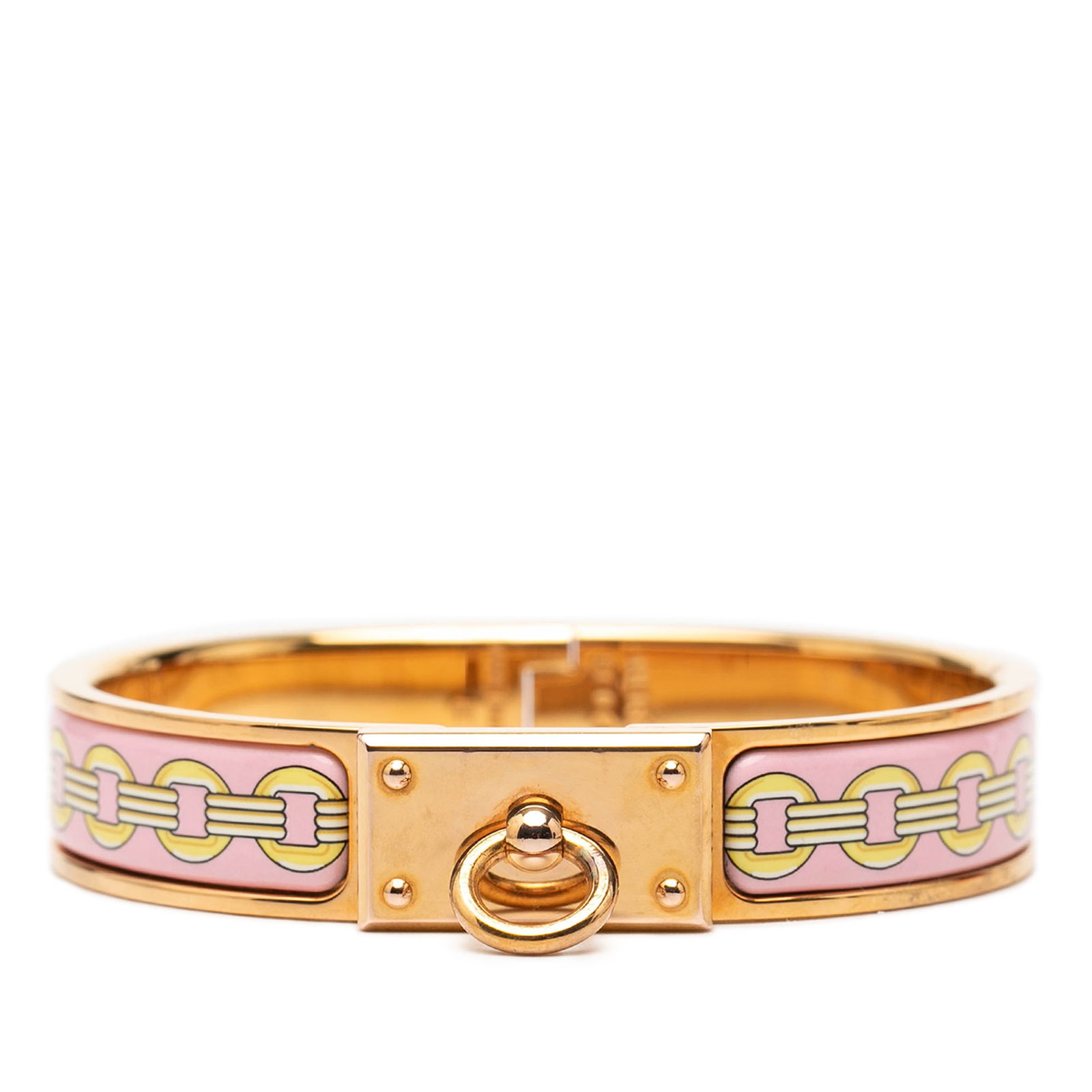 Hermes Clic Anneau PM narrow printed enamel bracelet: Hermes Clic Anneau PM narrow printed enamel bracelet Hermes Narrow Printed Enamel Clic Anneau Bracelet PM with a pink enamel body and gold-tone metal accents. This bracelet features a metal swivel and