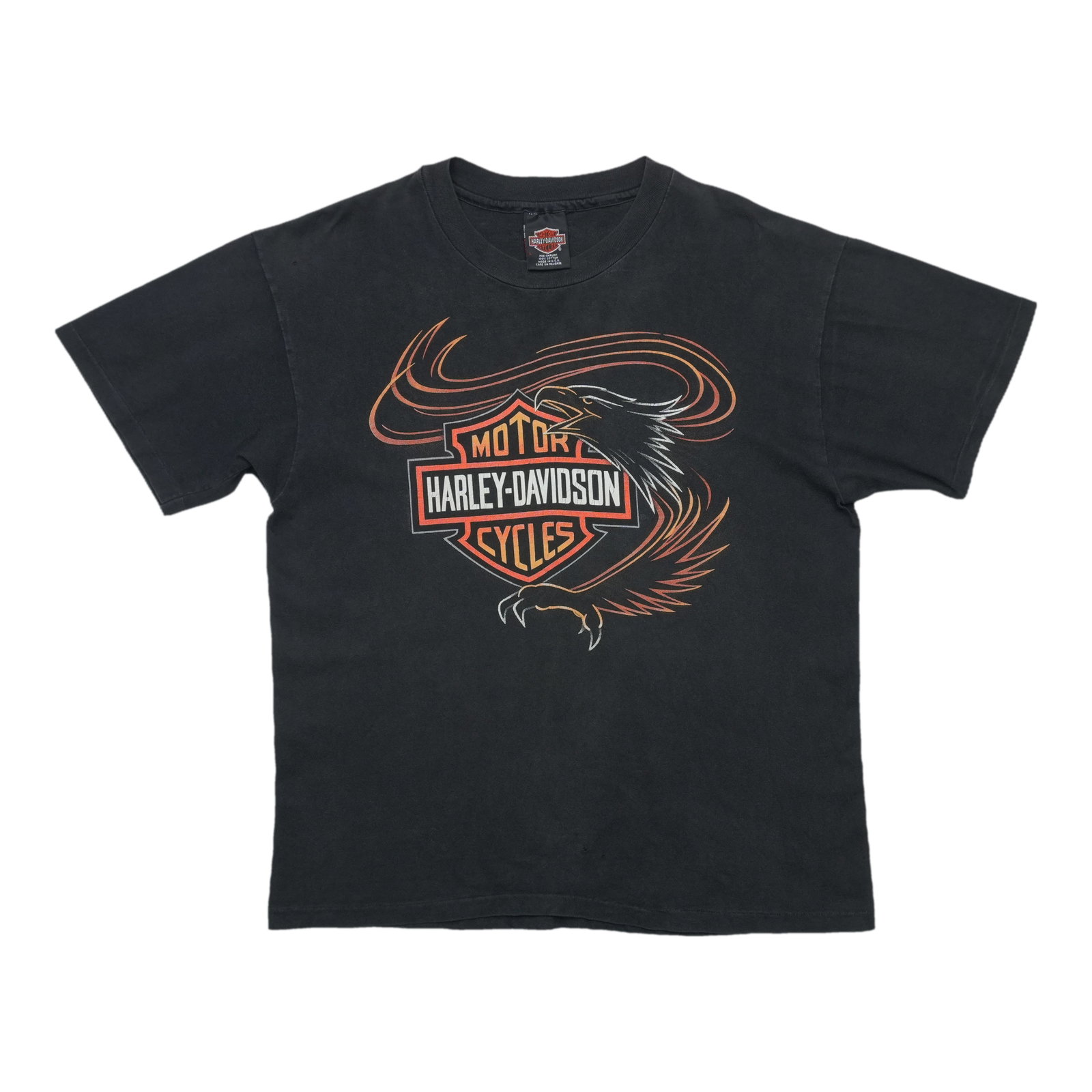 Harley Davidson black cotton shirt with Swooping Eagle graphics 1990s: Harley Davidson black cotton shirt with Swooping Eagle graphics 1990s Original vintage 1990s Harley Davidson Swooping Eagle shirt with front and back graphics. This is a true vintage piece, not a mode