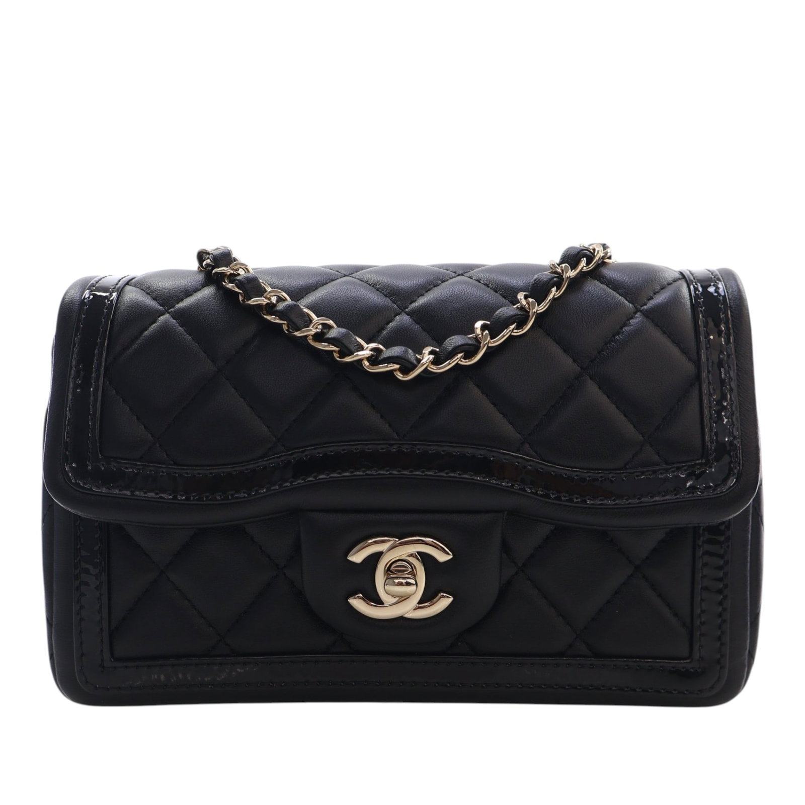 Chanel Mini CC Half Flap Shoulder Bag Quilted Lambskin Black: Chanel Mini CC Half Flap Shoulder Bag Quilted Lambskin Black A Chanel Mini CC Quilted Shiny Lambskin Half Flap shoulder bag crafted in black quilted lambskin leather with patent leather trim. It featu